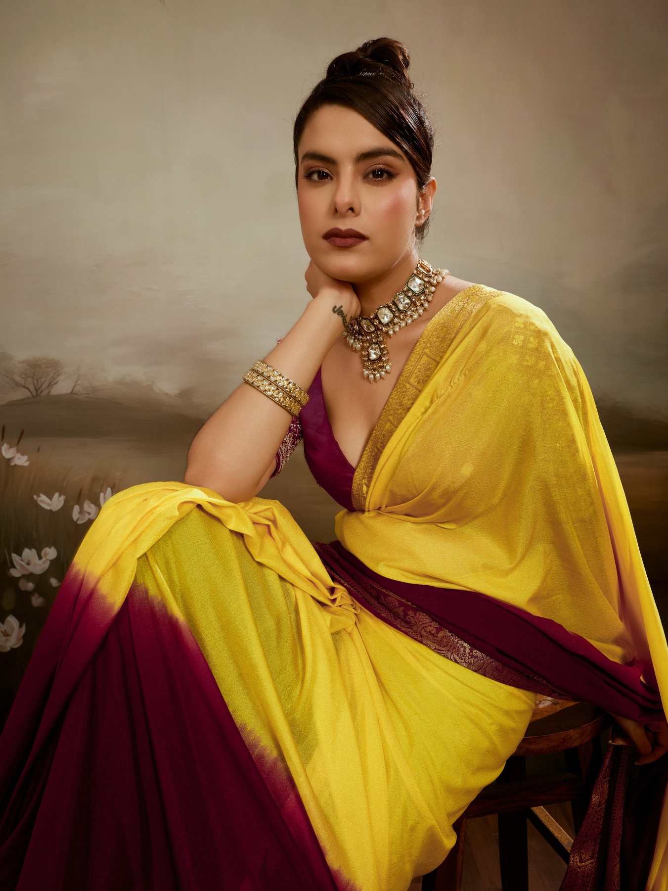 Yellow Maroon Floral Zari Soft Chiffon Silk Saree