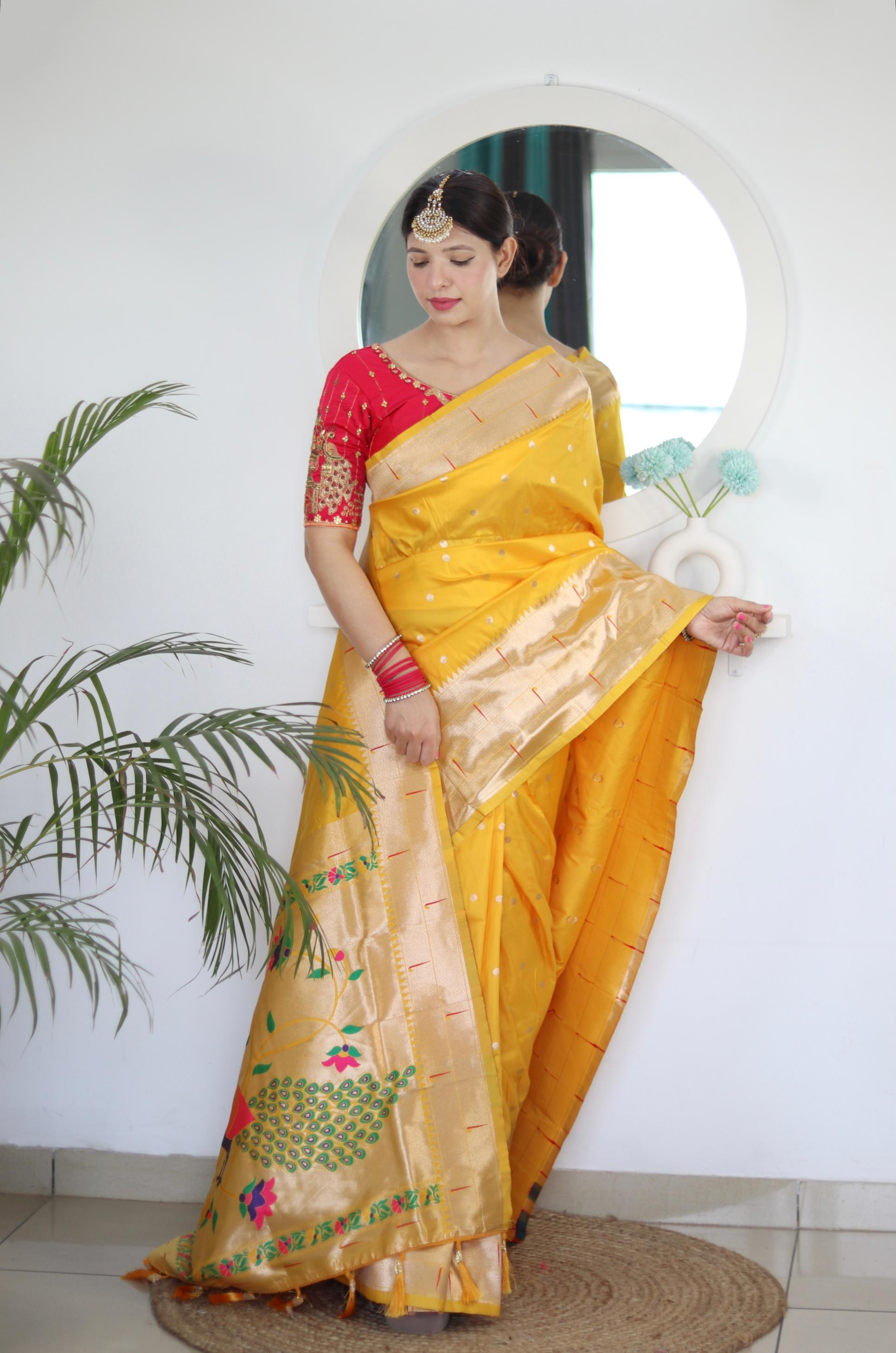 Yellow Maroon Paithani Silk Saree