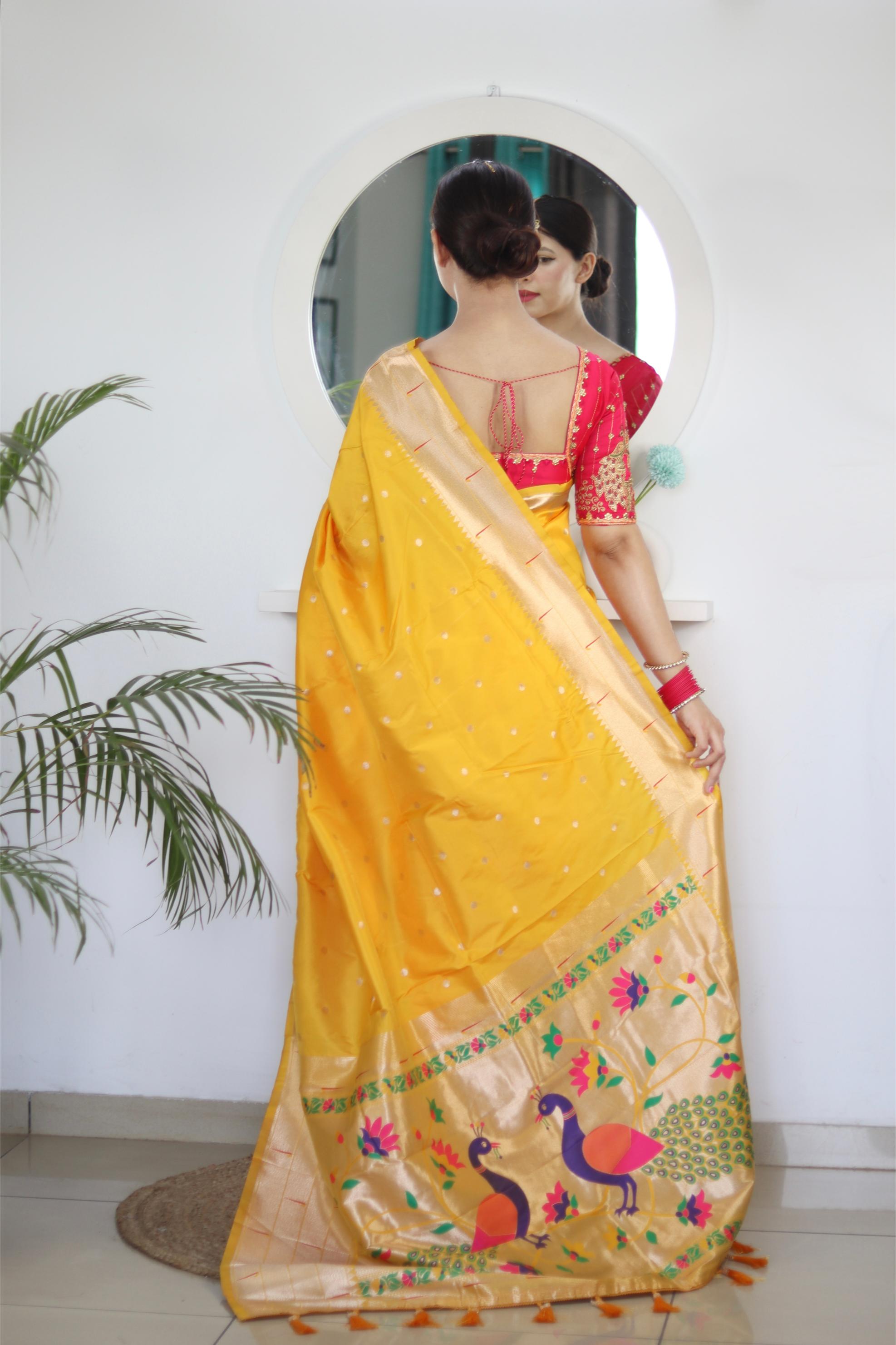 Yellow Maroon Paithani Silk Saree — alternate view