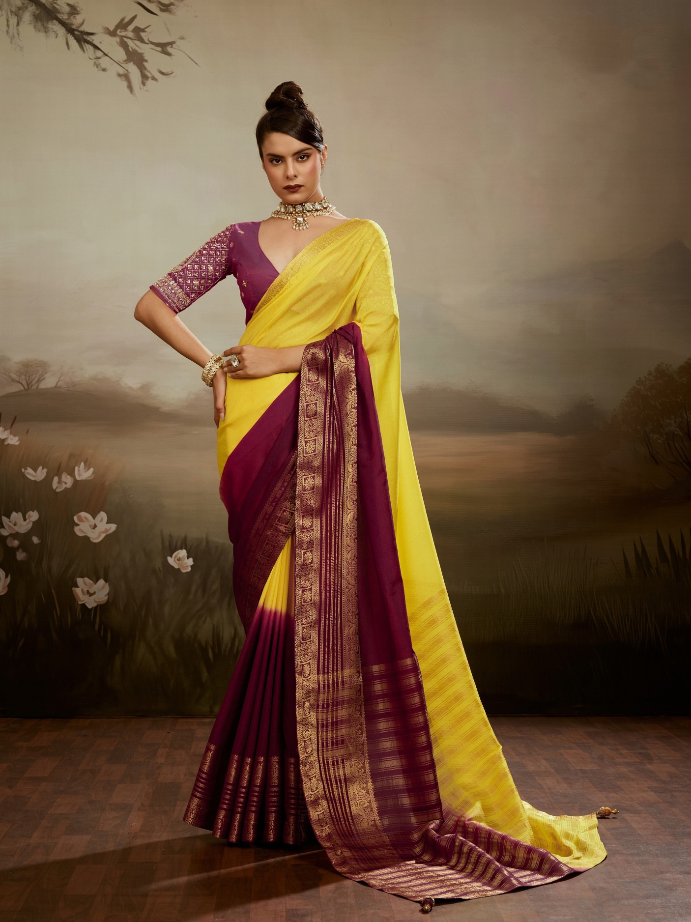 Yellow Maroon Zari Woven Chiffon Saree
