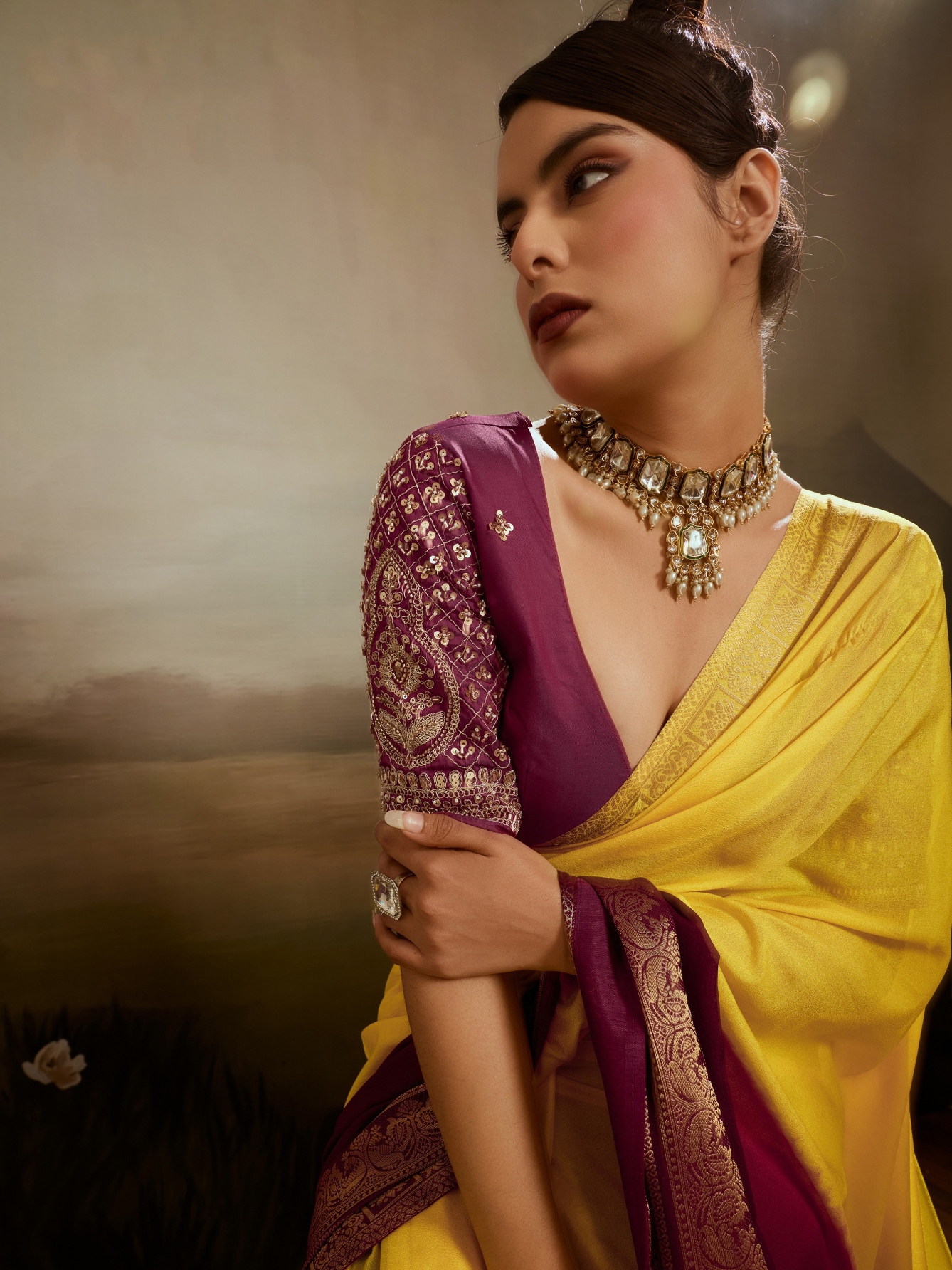 Yellow Maroon Zari Woven Chiffon Saree