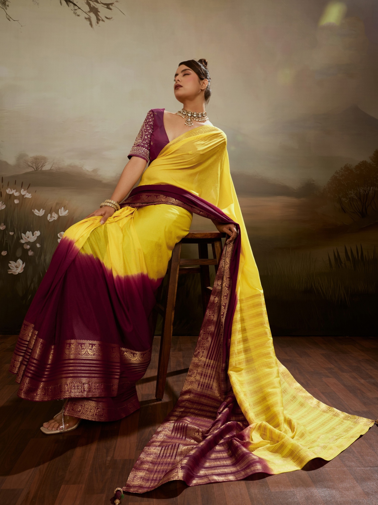 Yellow Maroon Zari Woven Chiffon Saree