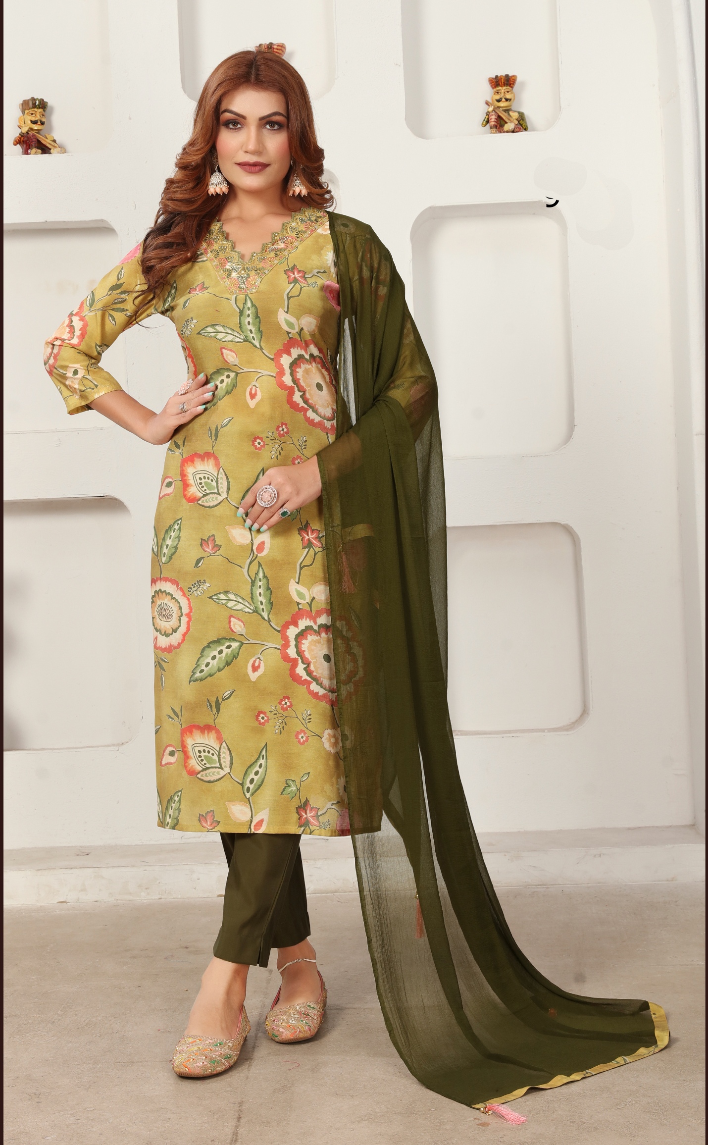 Yellow Mehendi Printed Chanderi Straight Suit