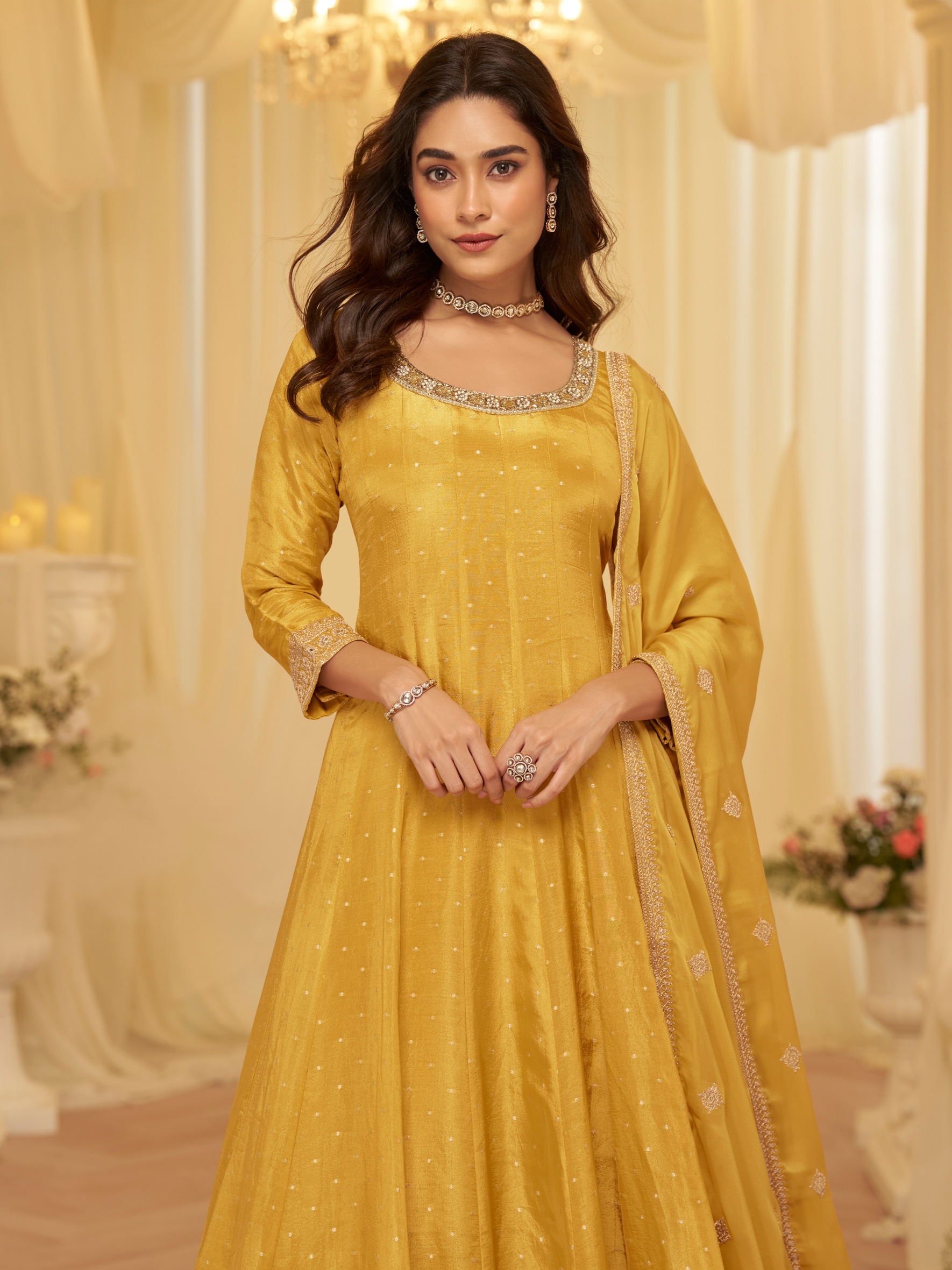 Yellow Minimal Heavy Designer Embroidery Viscose Jacquard Gown — alternate view