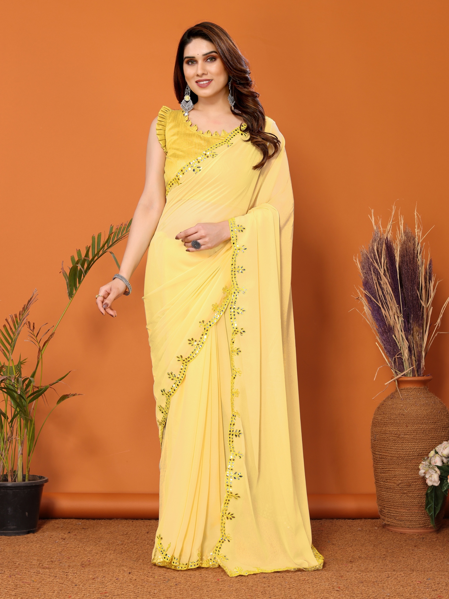Yellow Mirror Work Georgette Saree