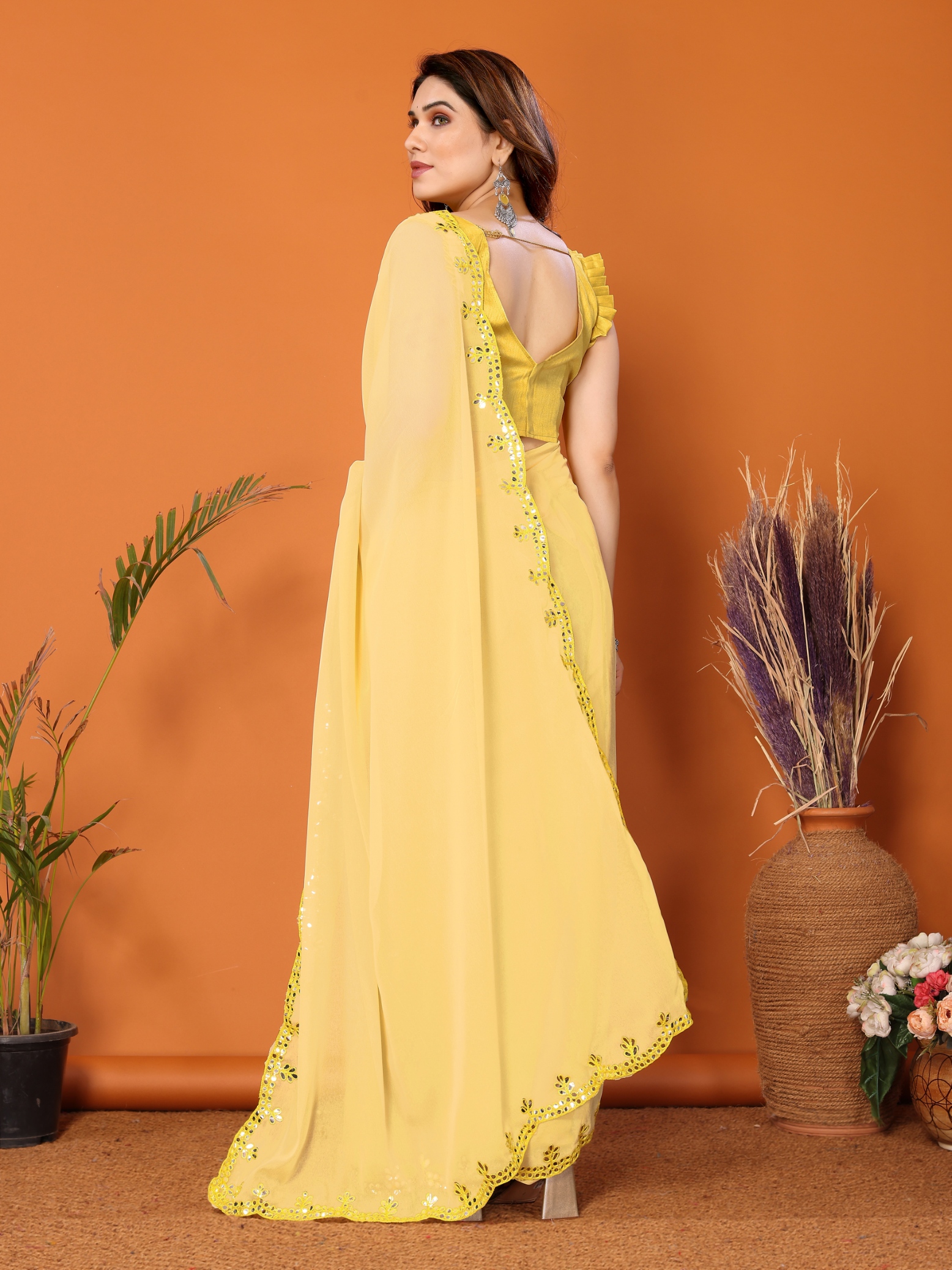 Yellow Mirror Work Georgette Saree — alternate view
