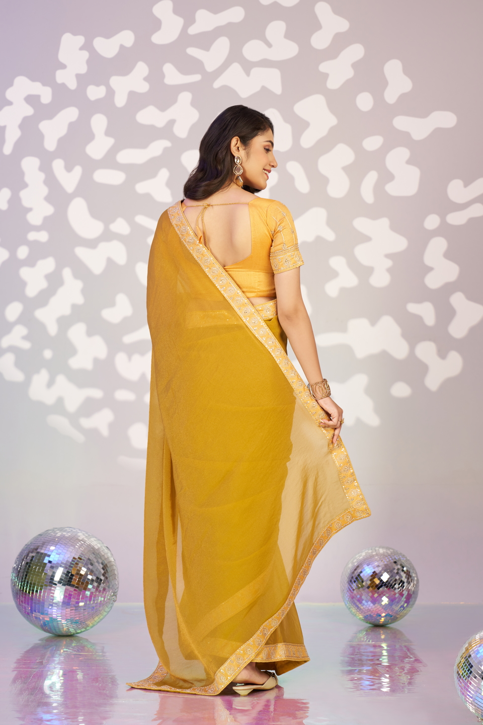 Yellow Moss Chiffon Ready-to-Wear Saree — alternate view