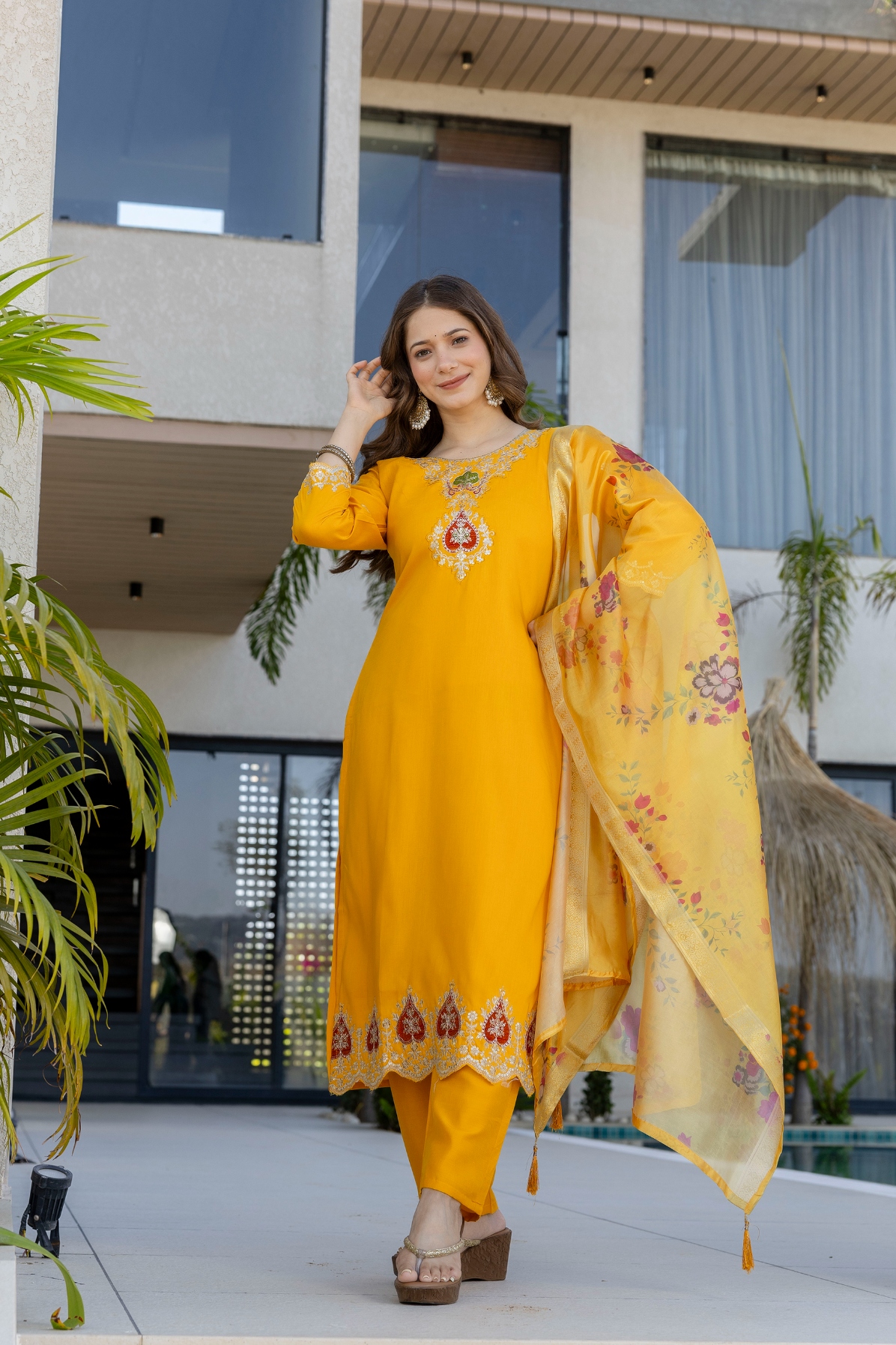 Yellow Mughal Embroidered Chanderi Salwar Suit