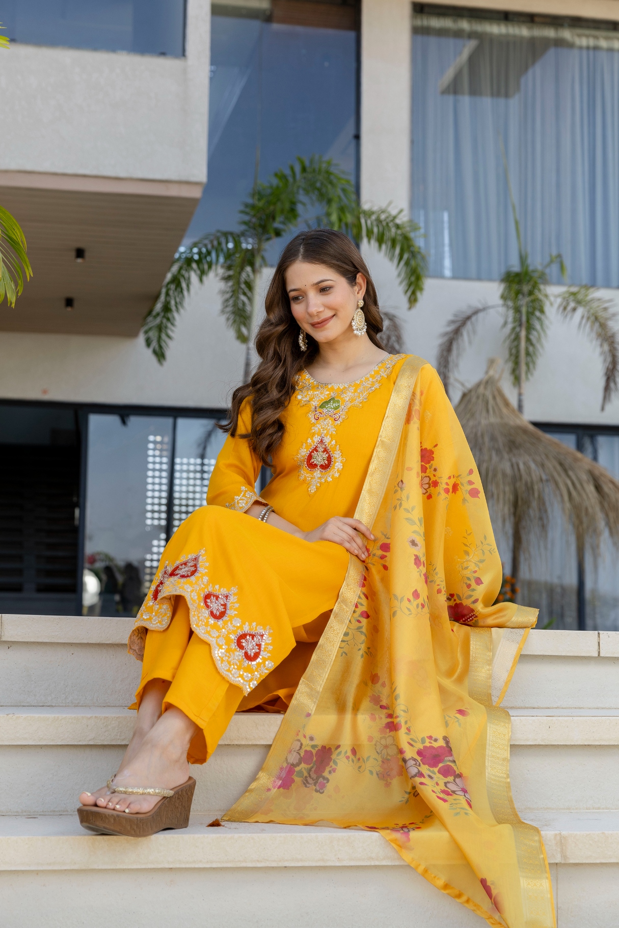 Yellow Mughal Embroidered Chanderi Salwar Suit