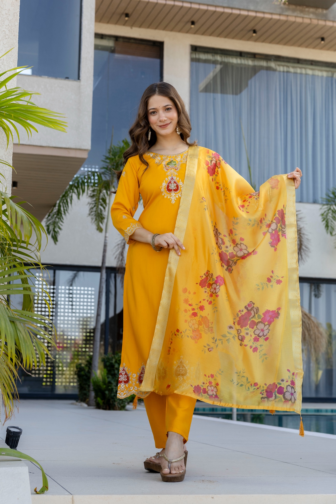 Yellow Mughal Embroidered Chanderi Salwar Suit