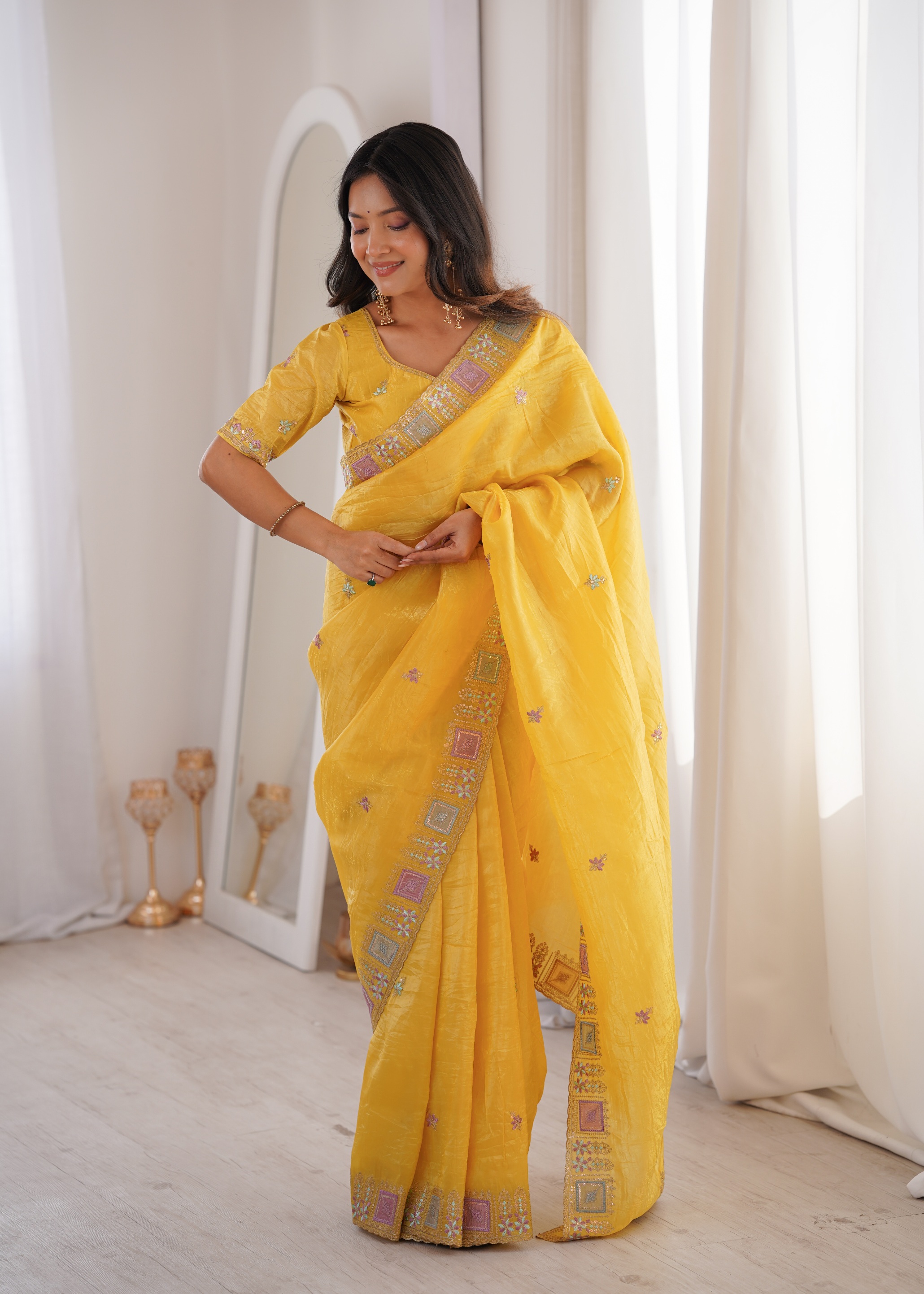 Yellow Multi Thread Embroidered Gold Crunchy Silk Saree