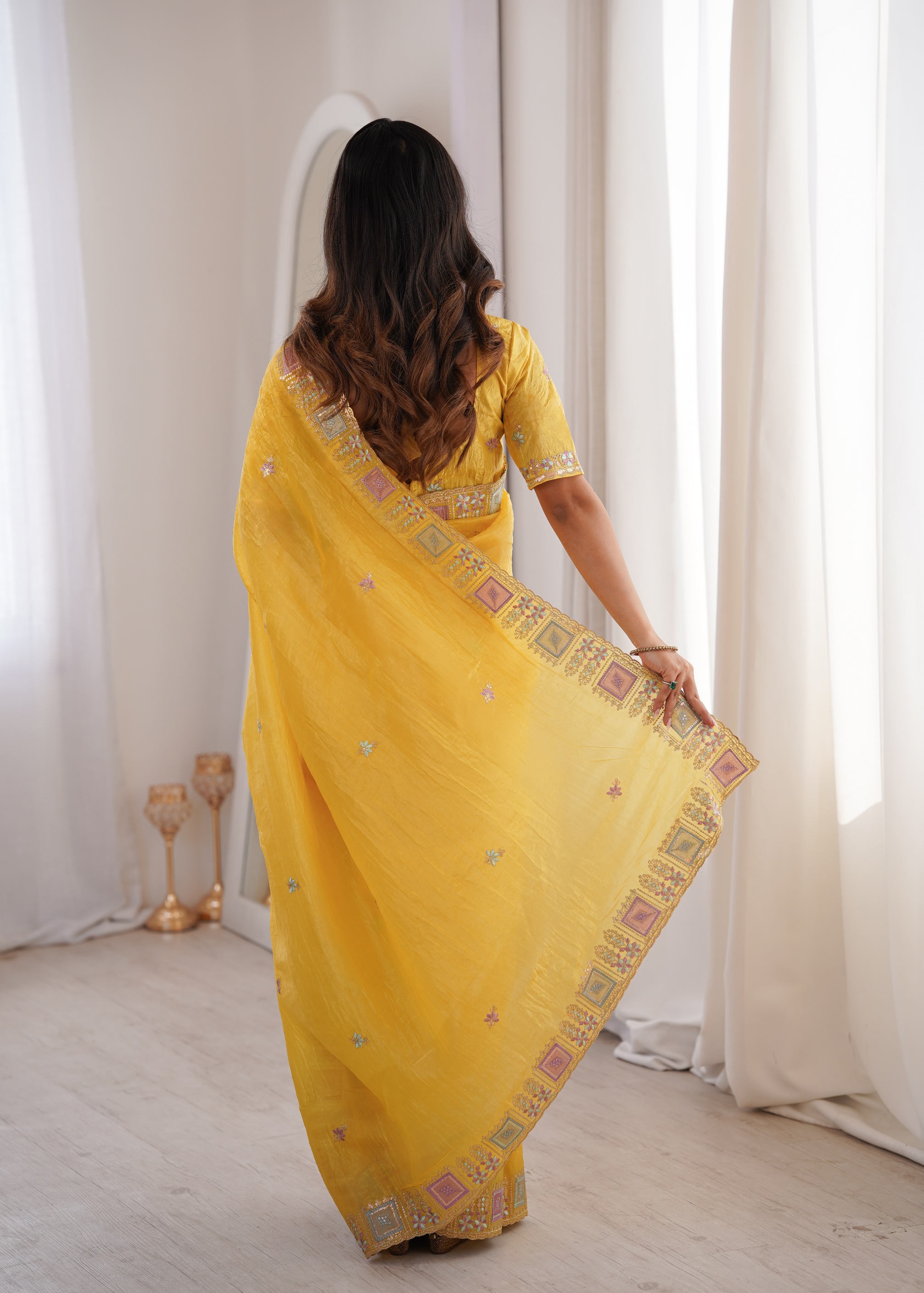 Yellow Multi Thread Embroidered Gold Crunchy Silk Saree — alternate view