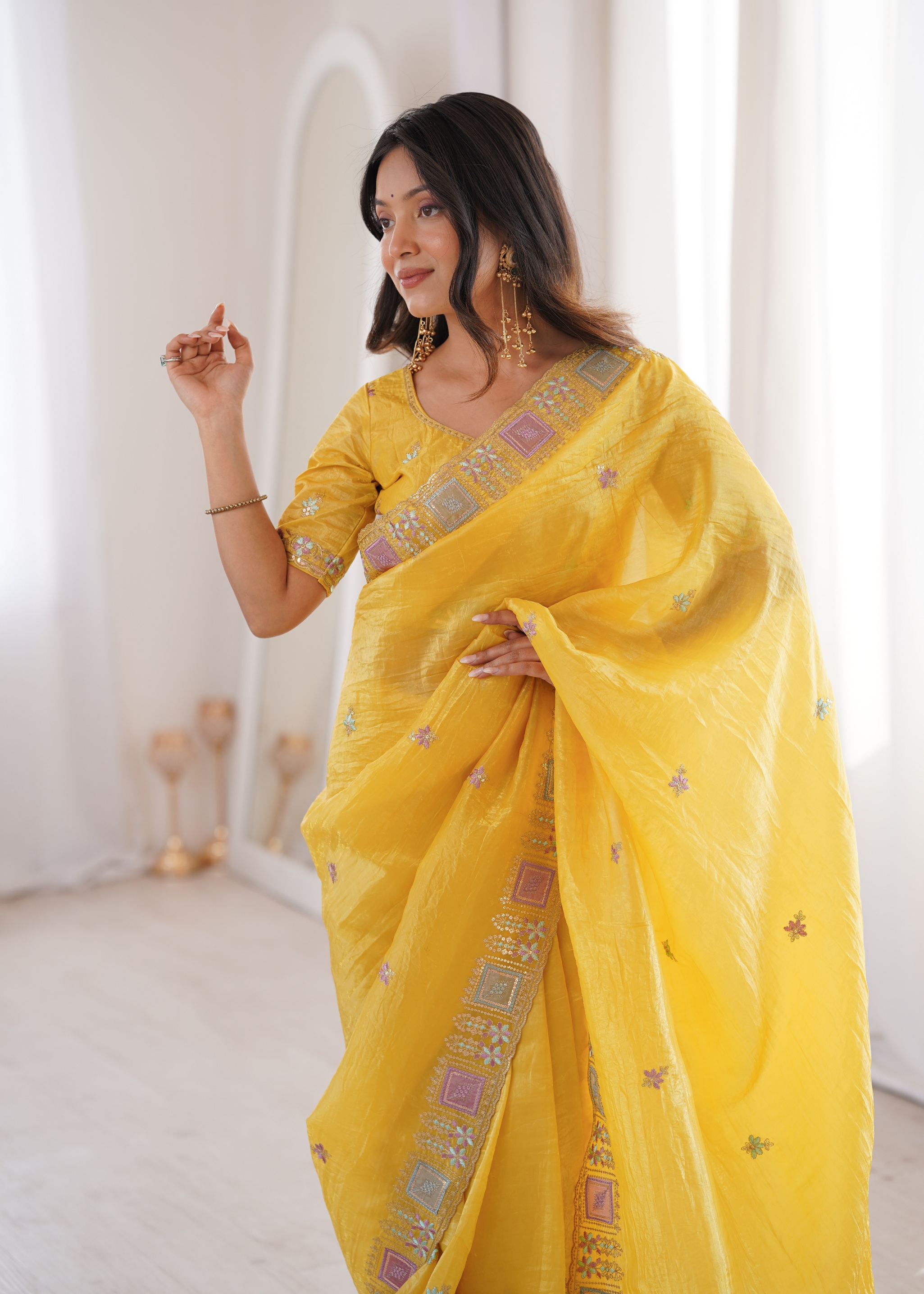 Yellow Multi Thread Embroidered Gold Crunchy Silk Saree
