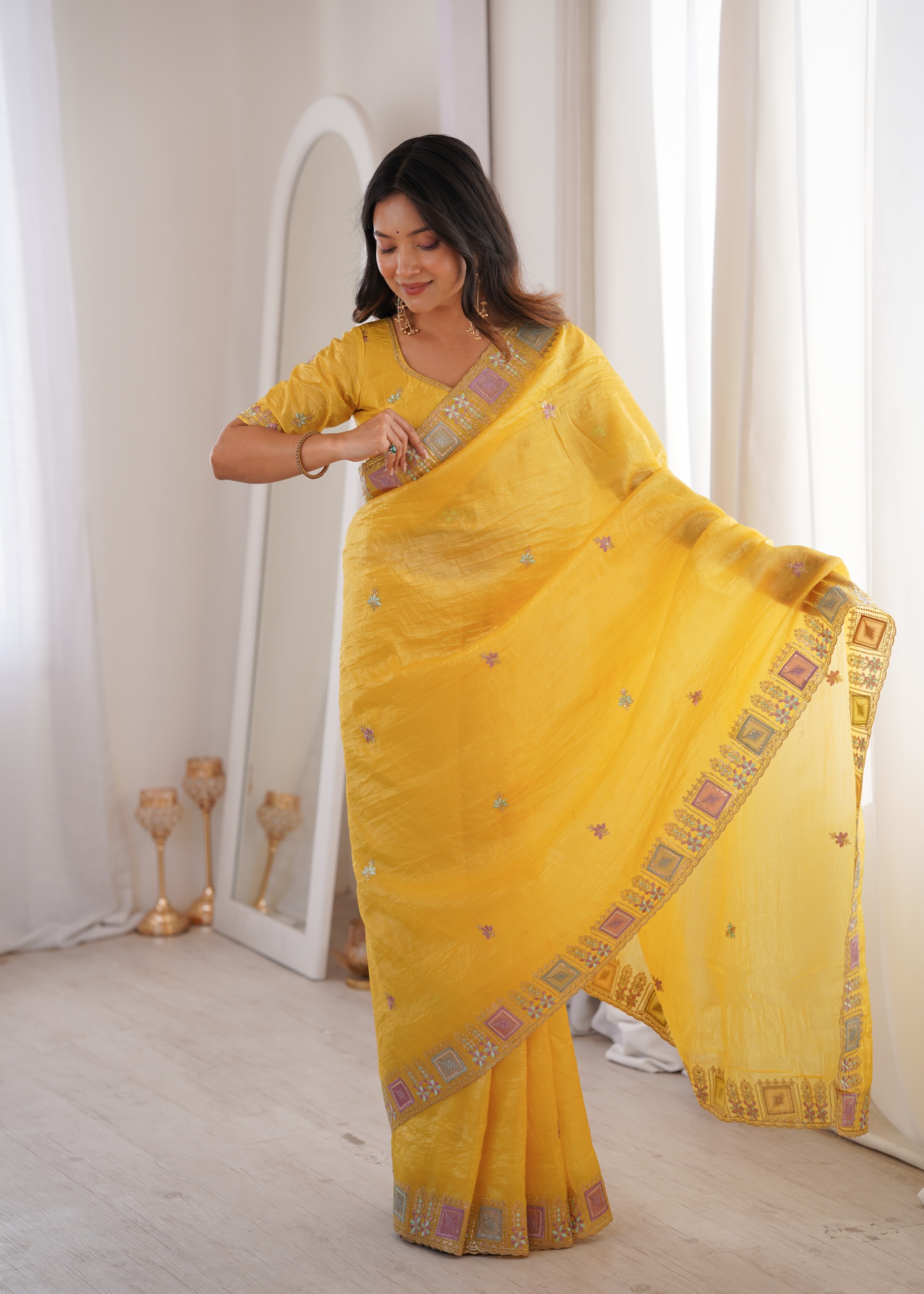 Yellow Multi Thread Embroidered Gold Crunchy Silk Saree