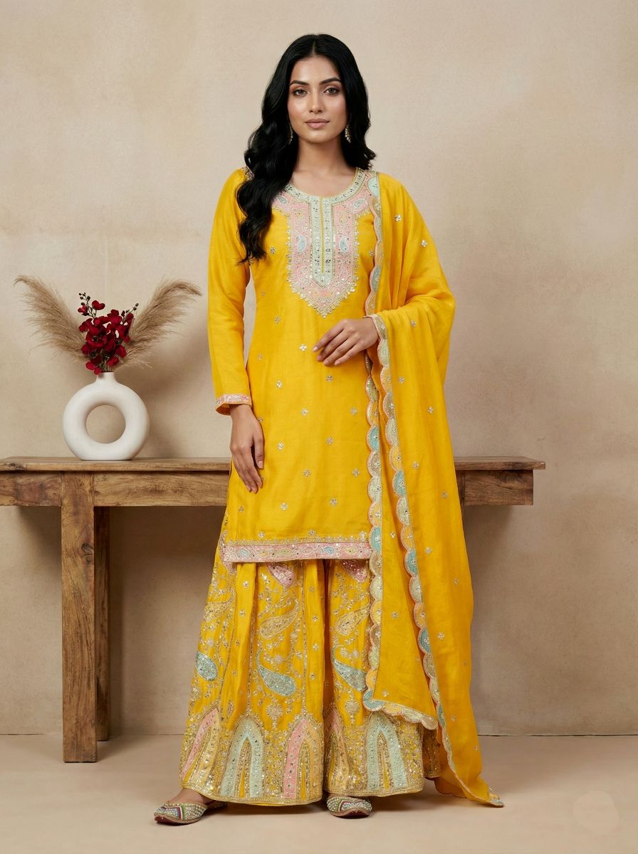 Yellow Multi-Thread Embroidered Heavy Chinon Silk Sharara Suit