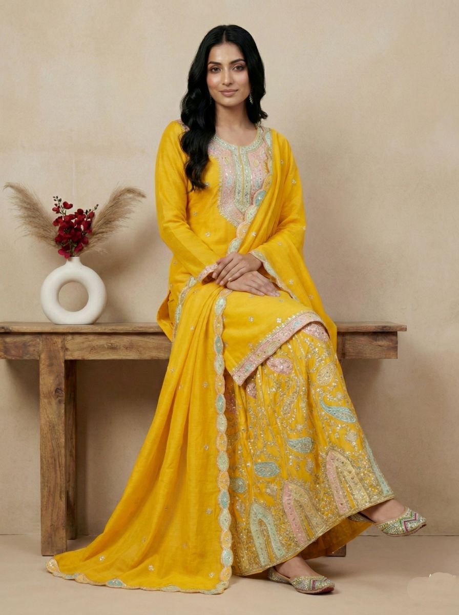 Yellow Multi-Thread Embroidered Heavy Chinon Silk Sharara Suit — alternate view