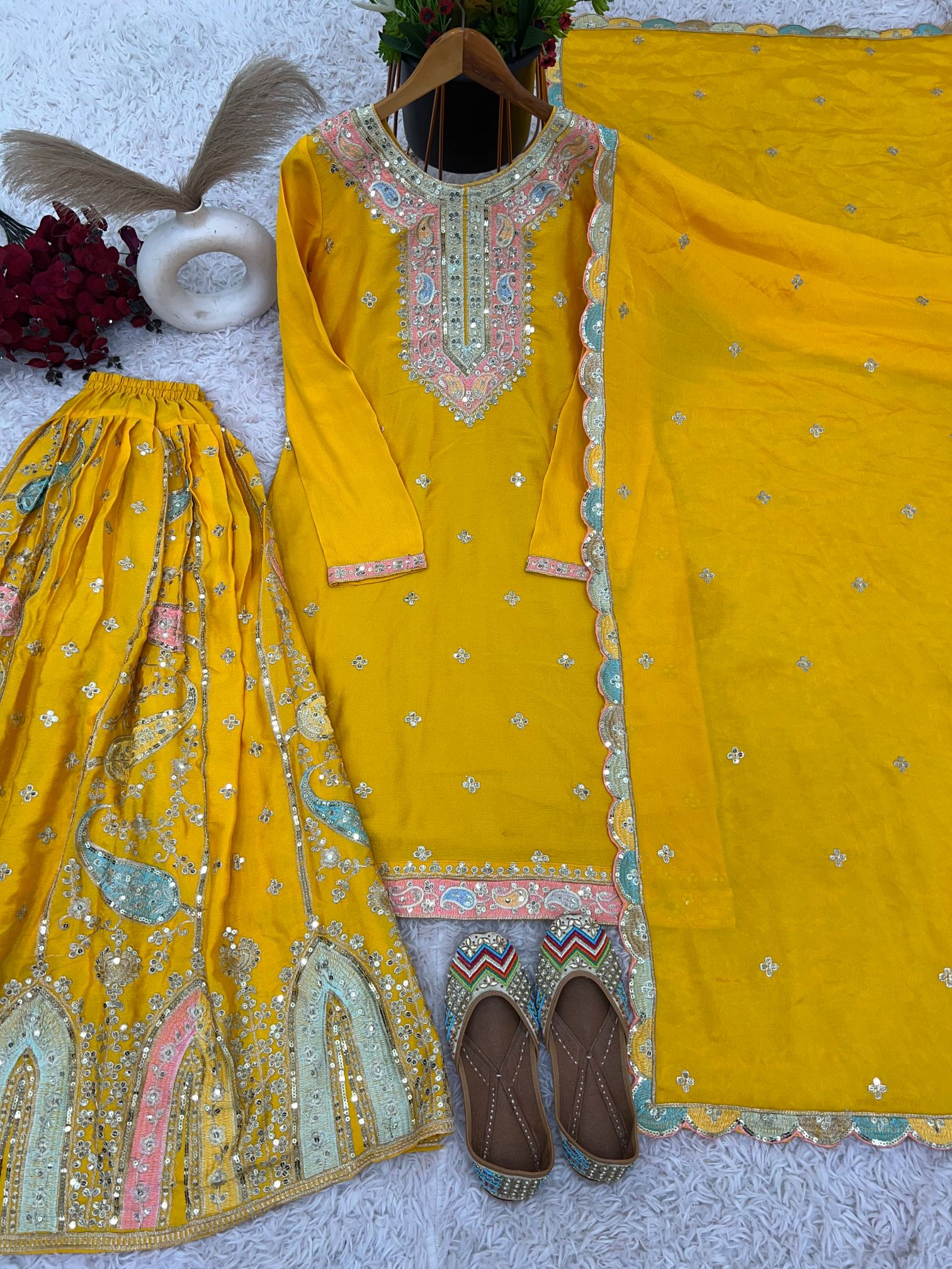 Yellow Multi-Thread Embroidered Heavy Chinon Silk Sharara Suit