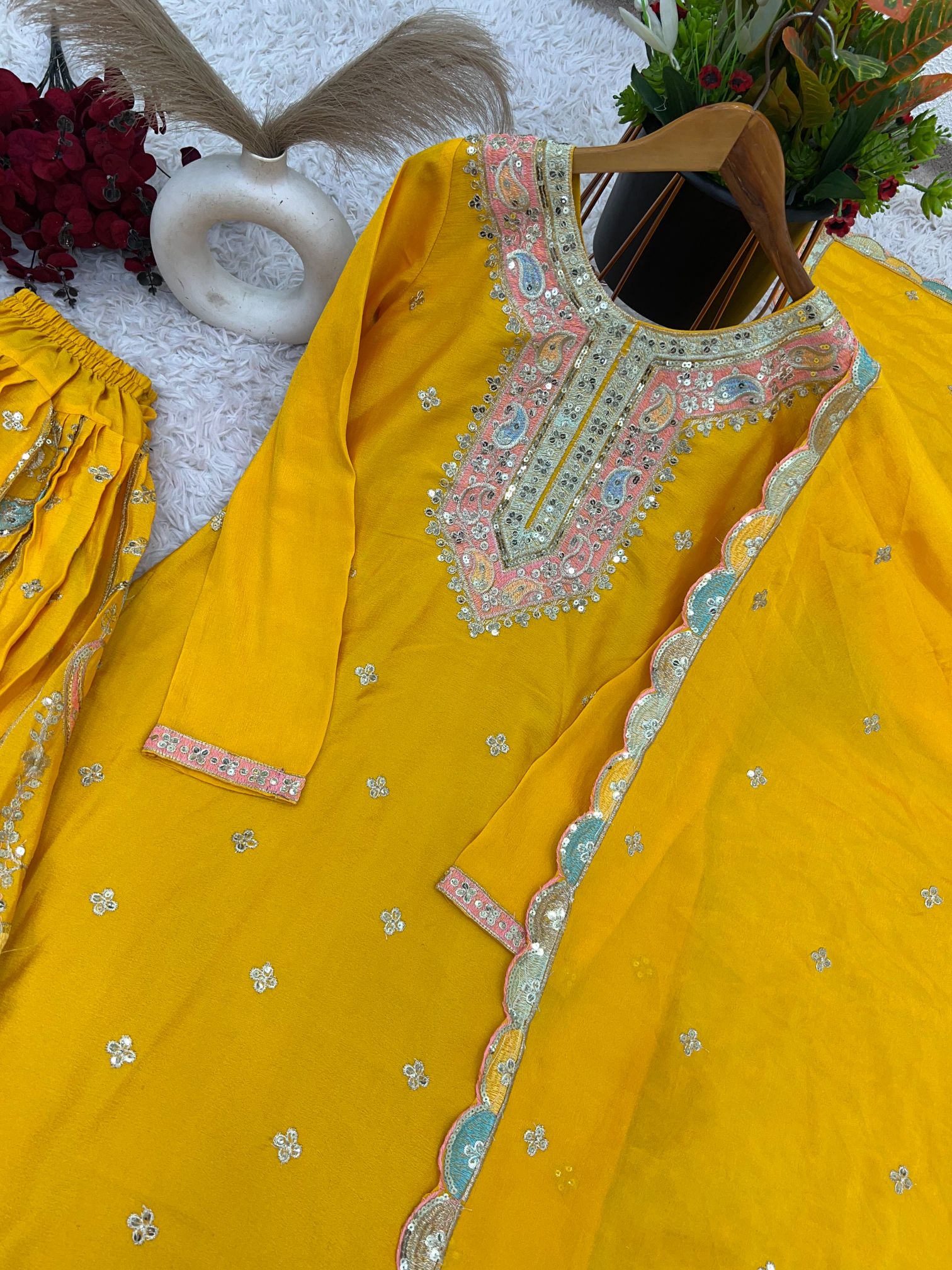 Yellow Multi-Thread Embroidered Heavy Chinon Silk Sharara Suit