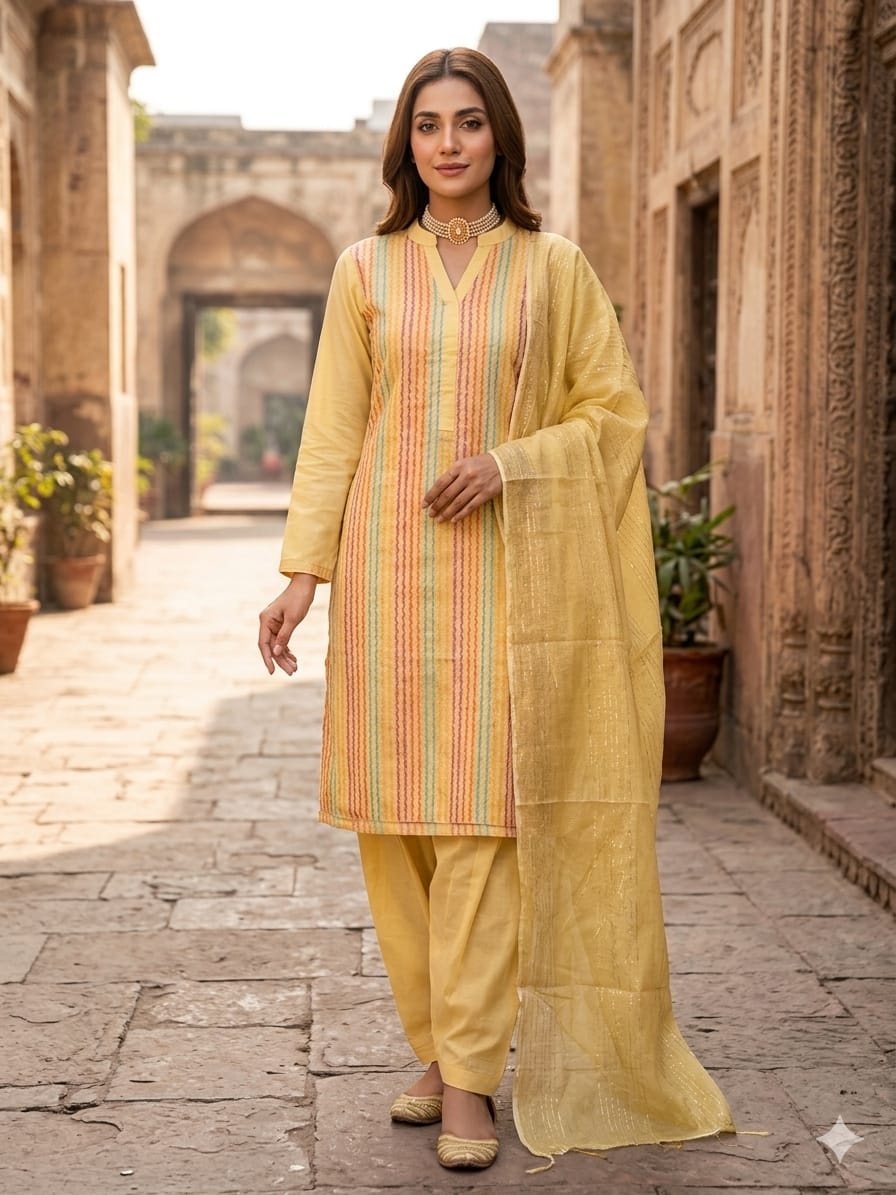 Yellow Multicolor Weaving Cotton Straight Salwar Suit