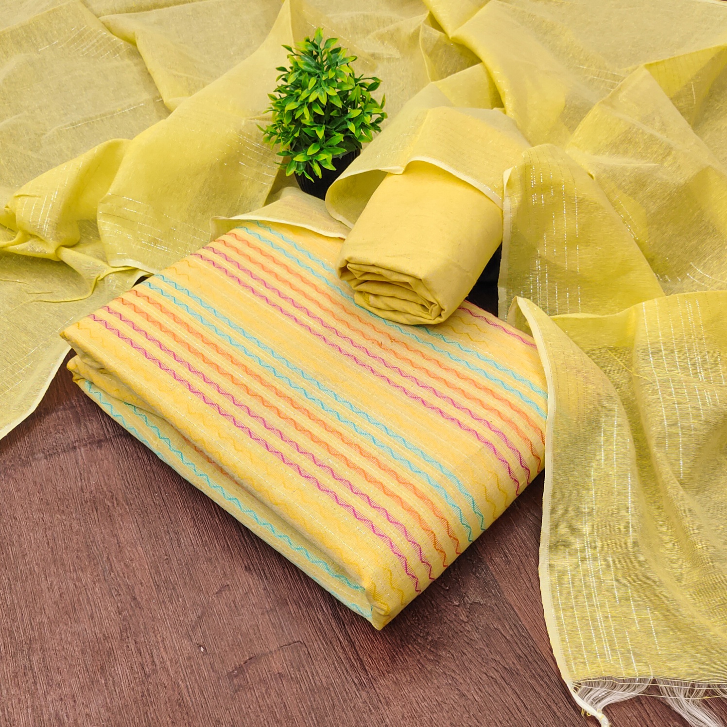 Yellow Multicolor Weaving Cotton Straight Salwar Suit