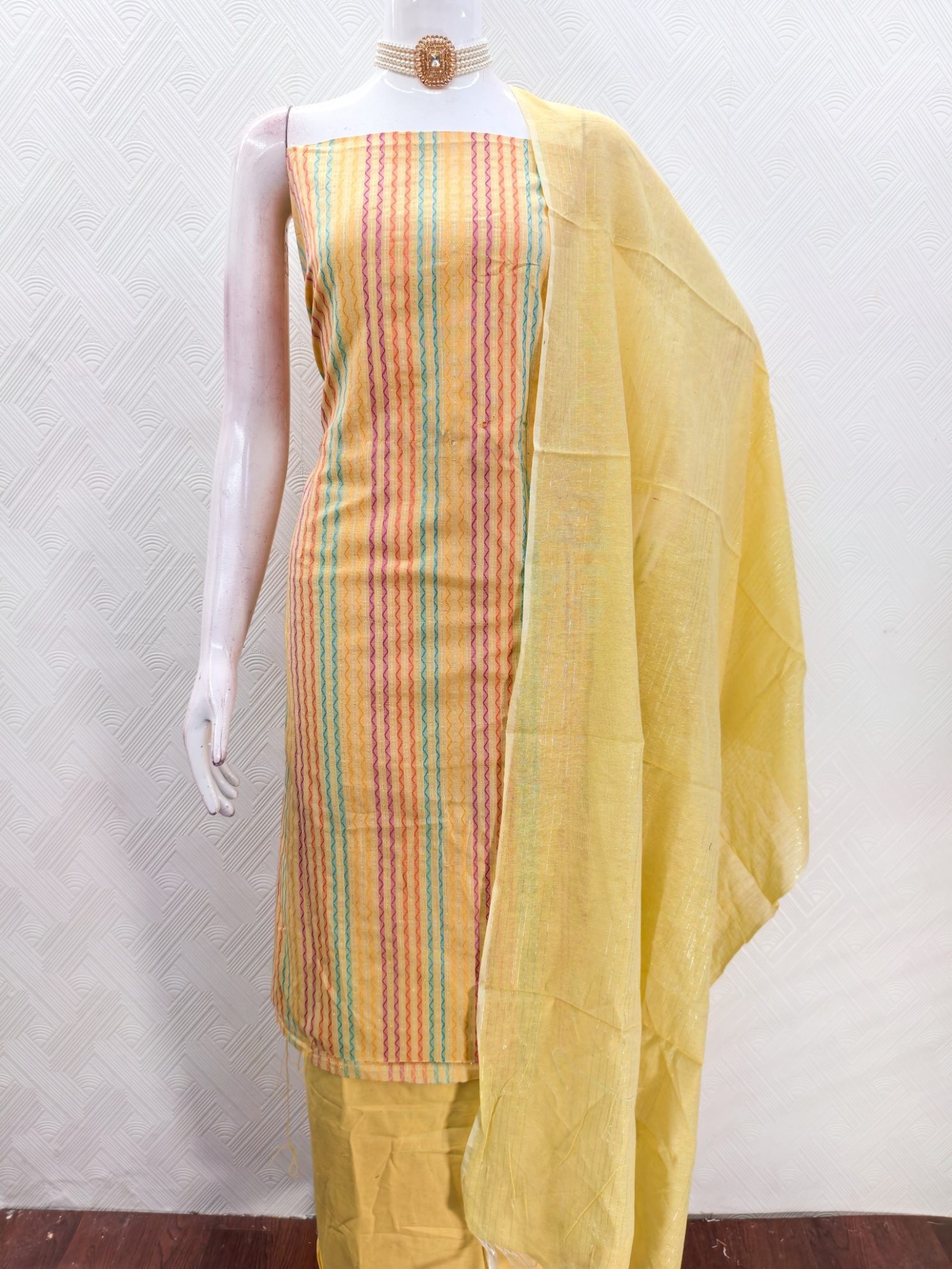 Yellow Multicolor Weaving Cotton Straight Salwar Suit