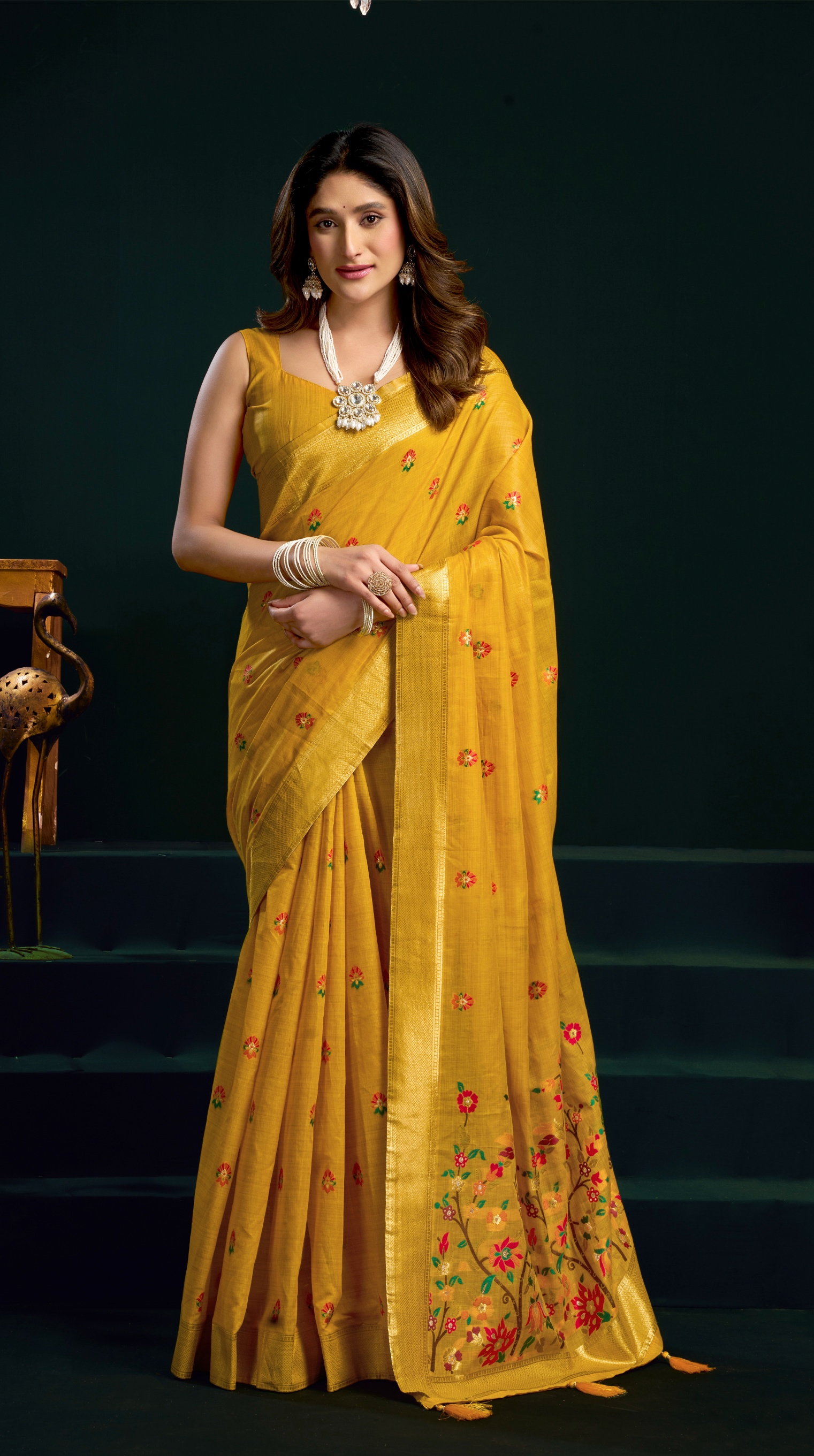 Yellow Munga Cotton Floral Mina Border Festive Saree