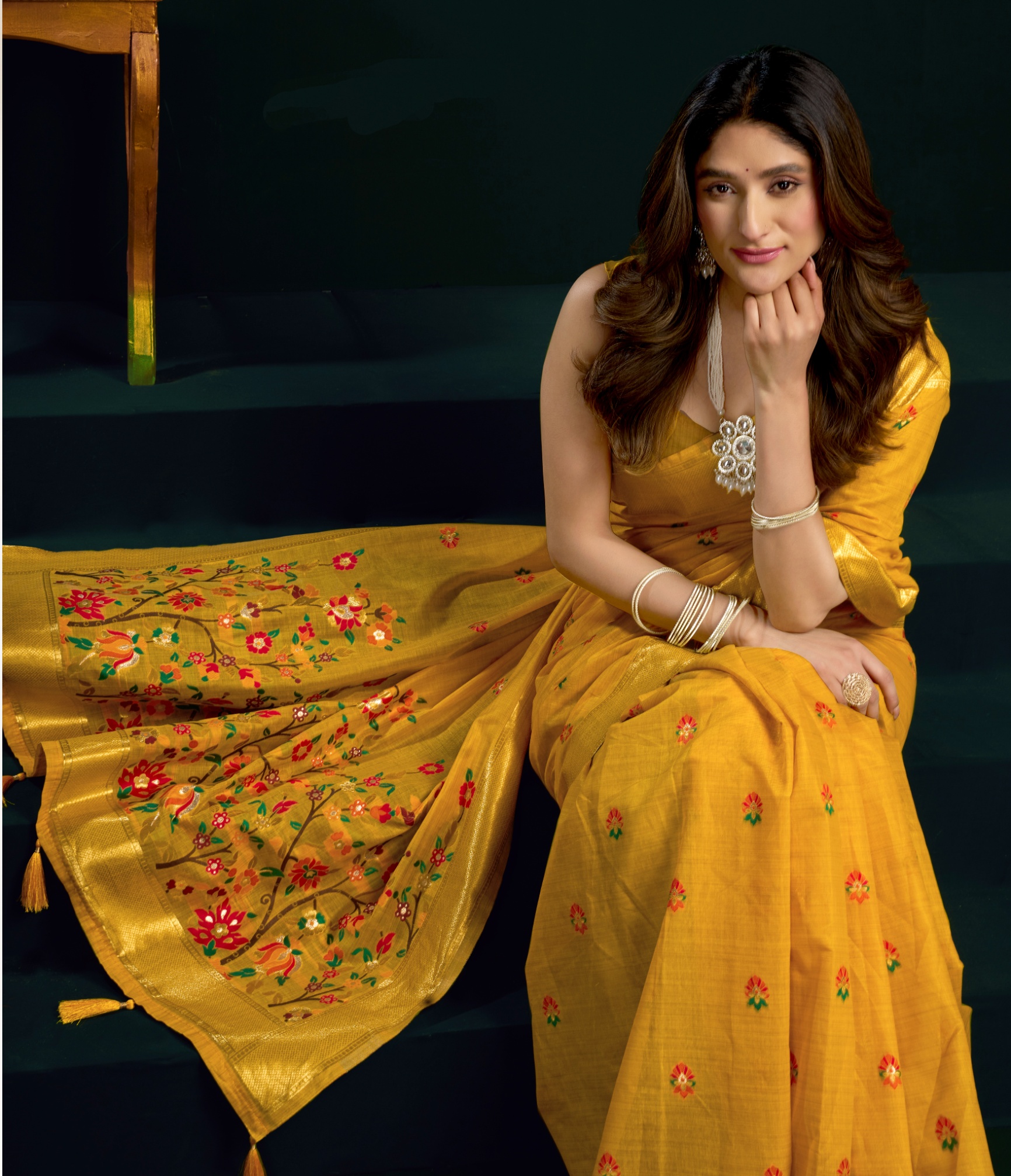 Yellow Munga Cotton Floral Mina Border Festive Saree — alternate view
