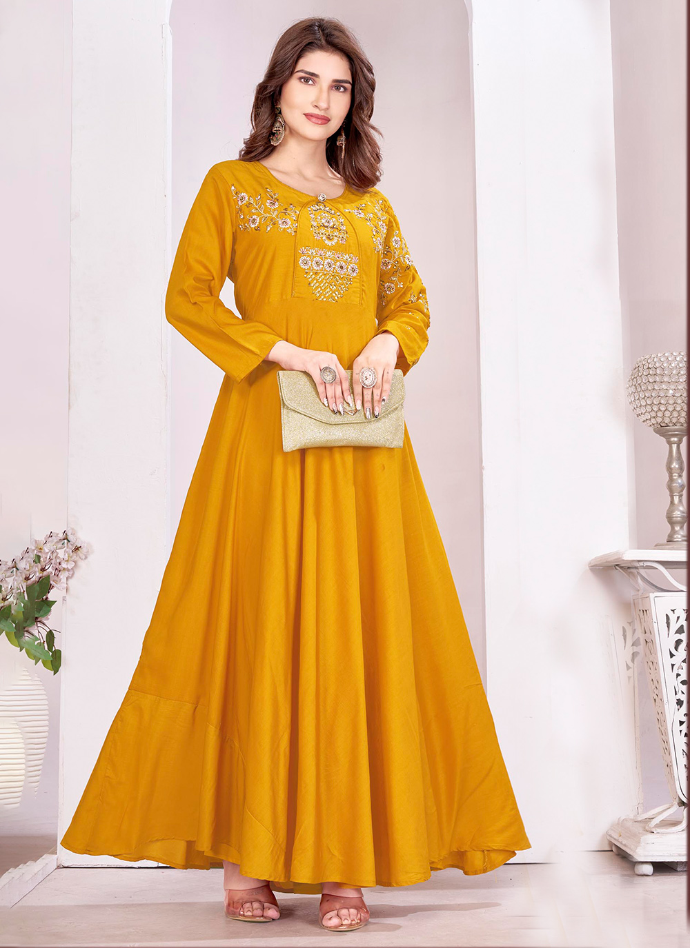 Yellow Muslin Embroidered Readymade Gown
