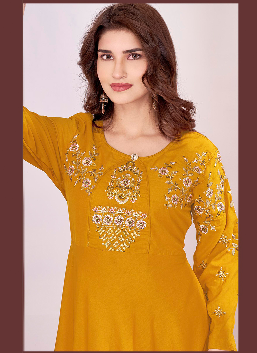 Yellow Muslin Embroidered Readymade Gown