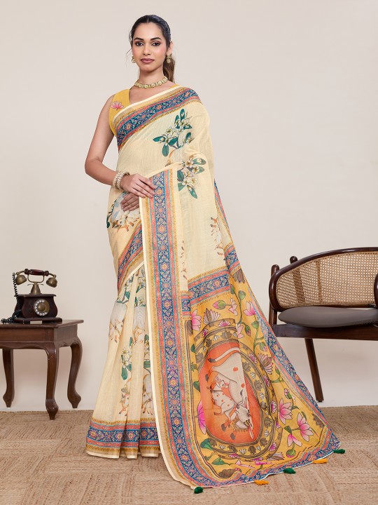 Yellow Mustard Linen Silk Printed Saree