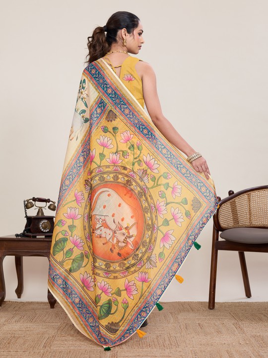 Yellow Mustard Linen Silk Printed Saree — alternate view