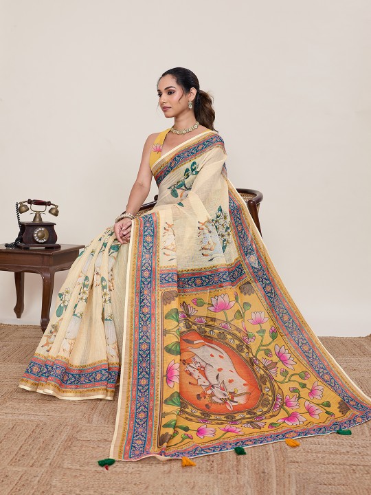 Yellow Mustard Linen Silk Printed Saree