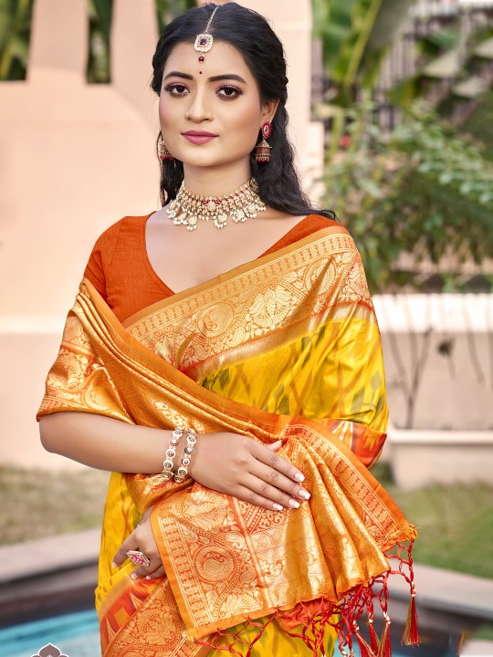 Yellow Mustard Pochampalli Silk Saree
