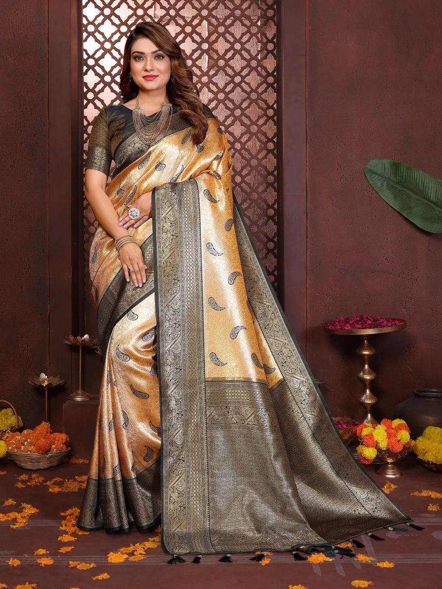 Yellow N Black Banarasi Tissue Silk Saree