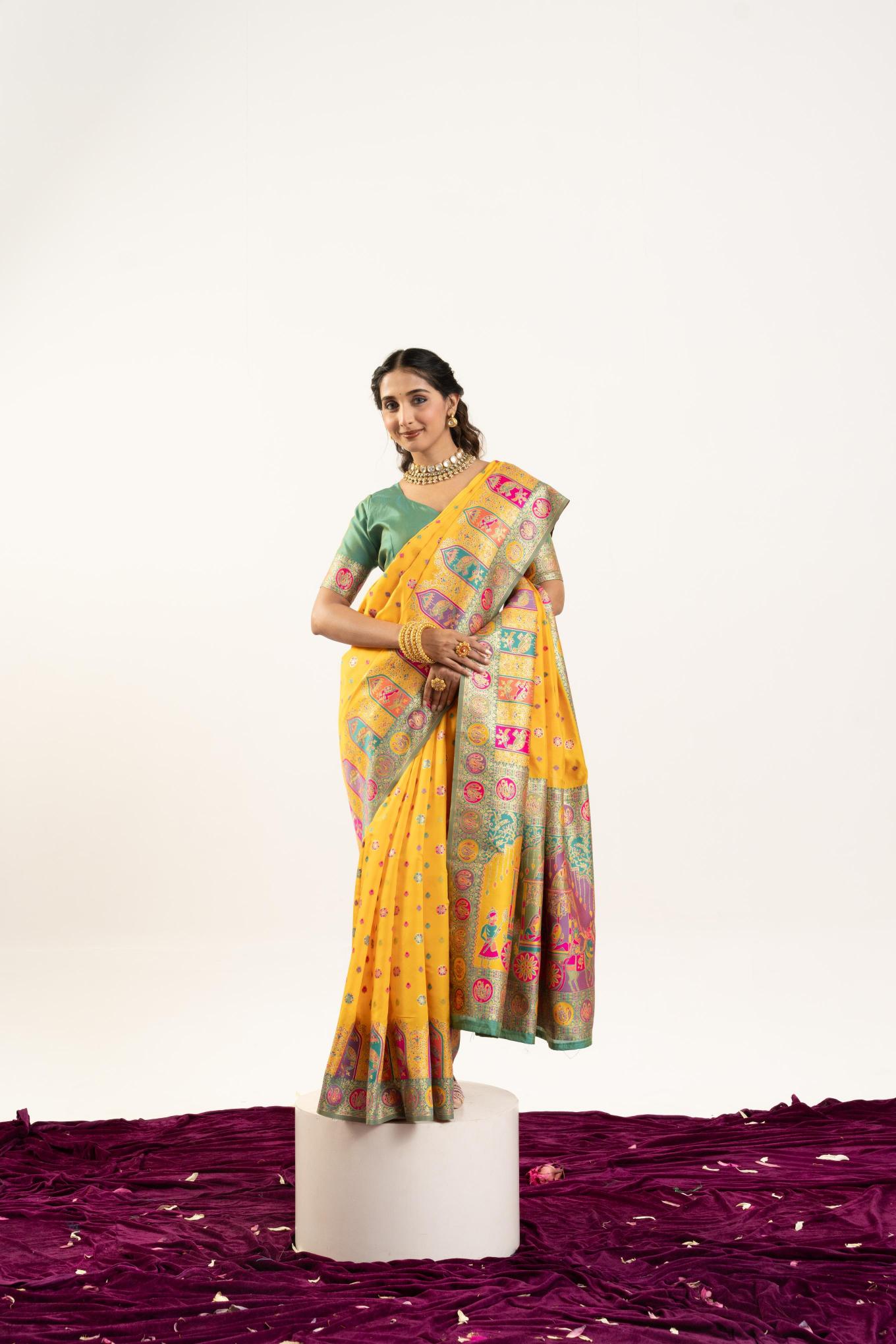 Yellow N Green Banarasi Pashmina Silk Saree