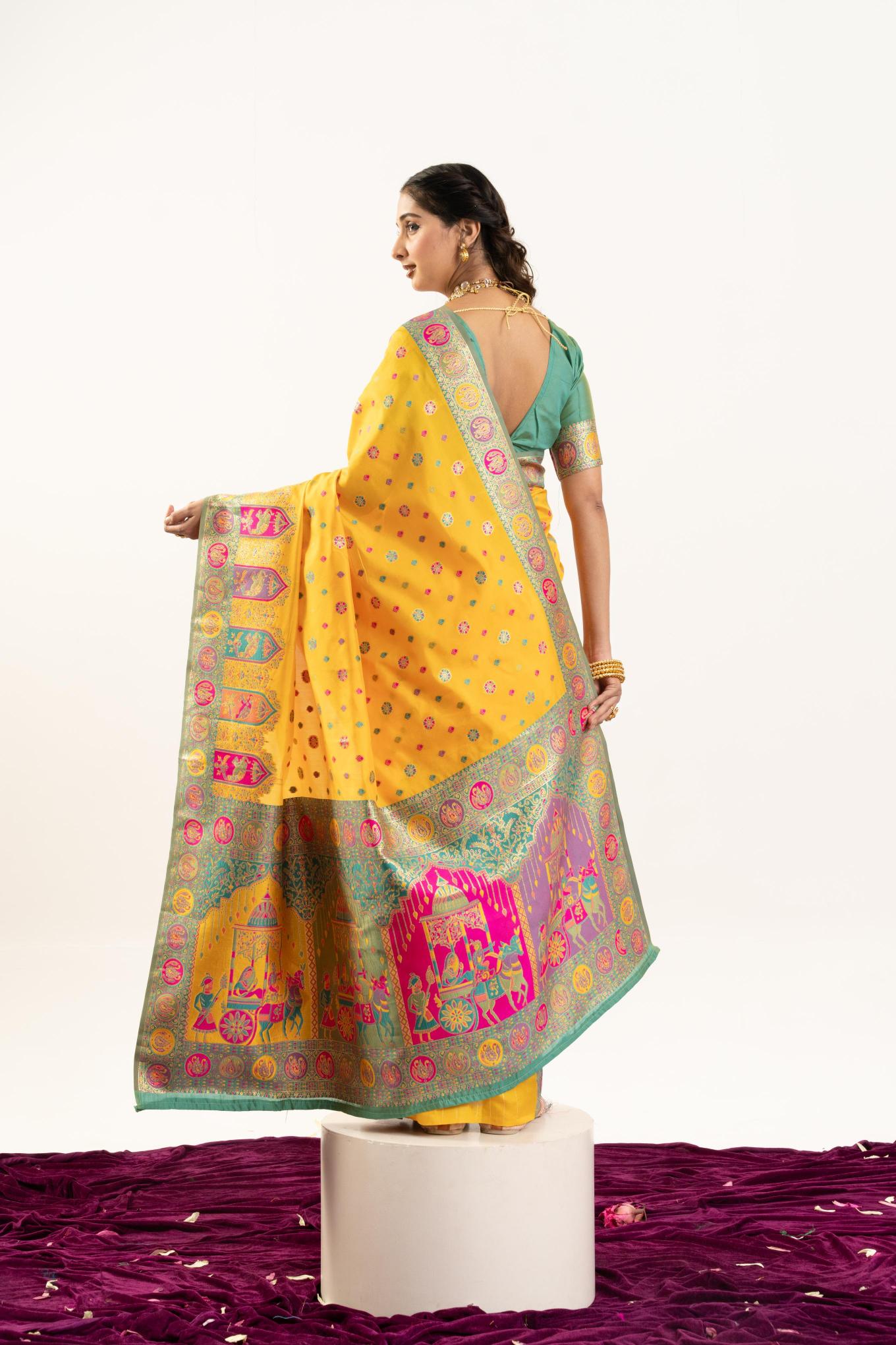Yellow N Green Banarasi Pashmina Silk Saree — alternate view