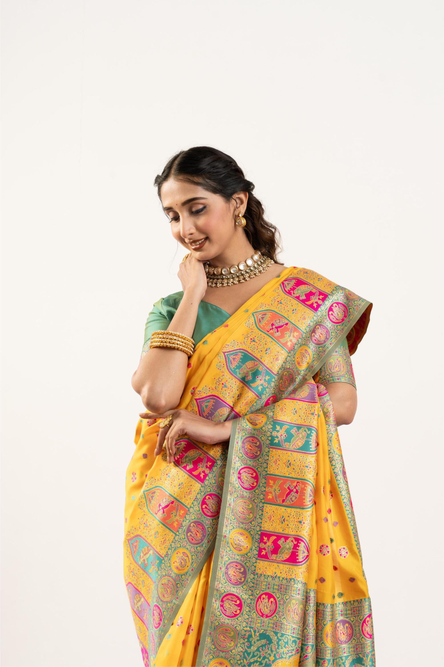 Yellow N Green Banarasi Pashmina Silk Saree