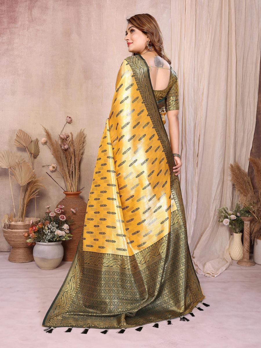 Yellow N Green Banarasi Tissue Silk Saree — alternate view