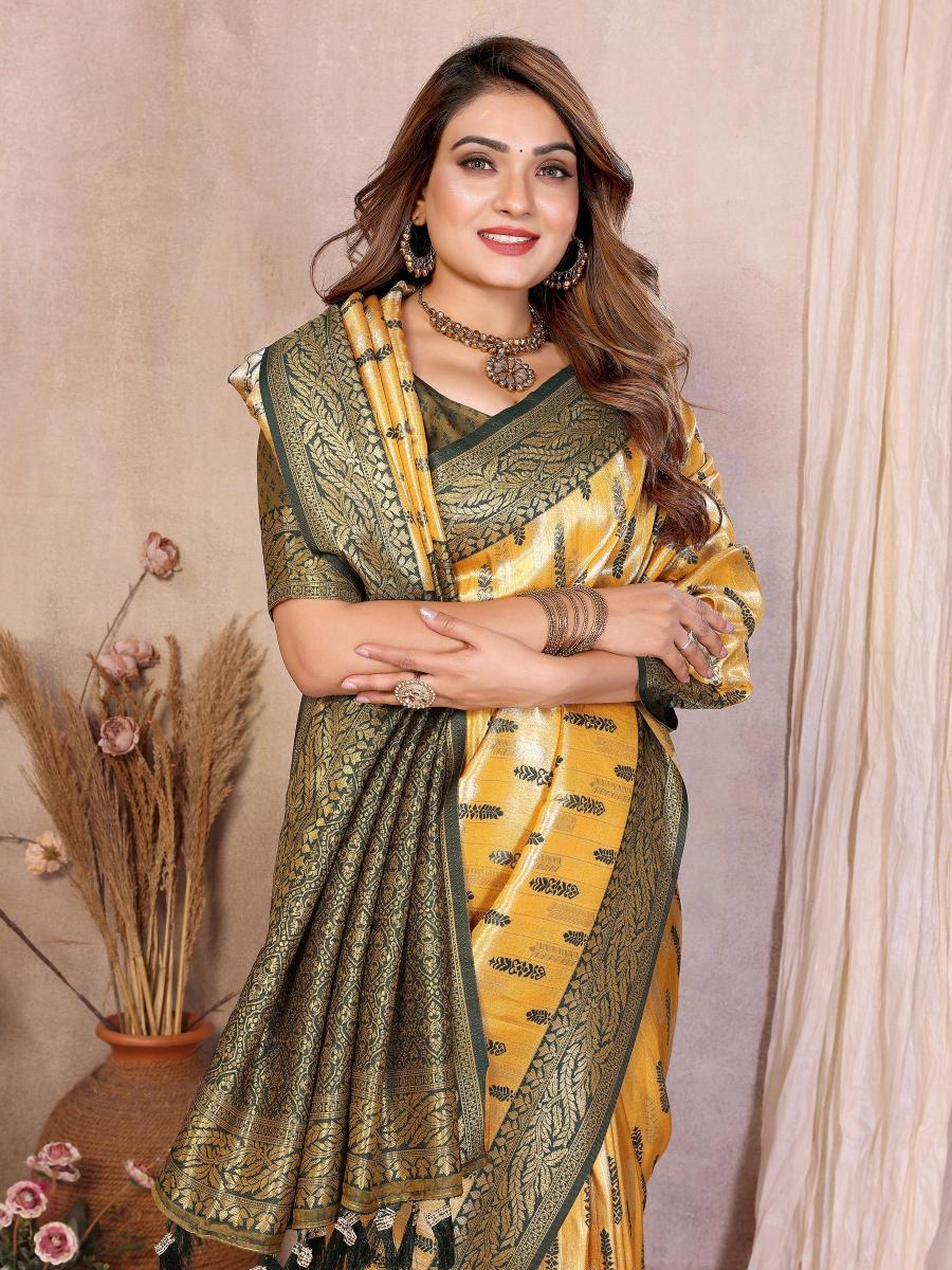 Yellow N Green Banarasi Tissue Silk Saree