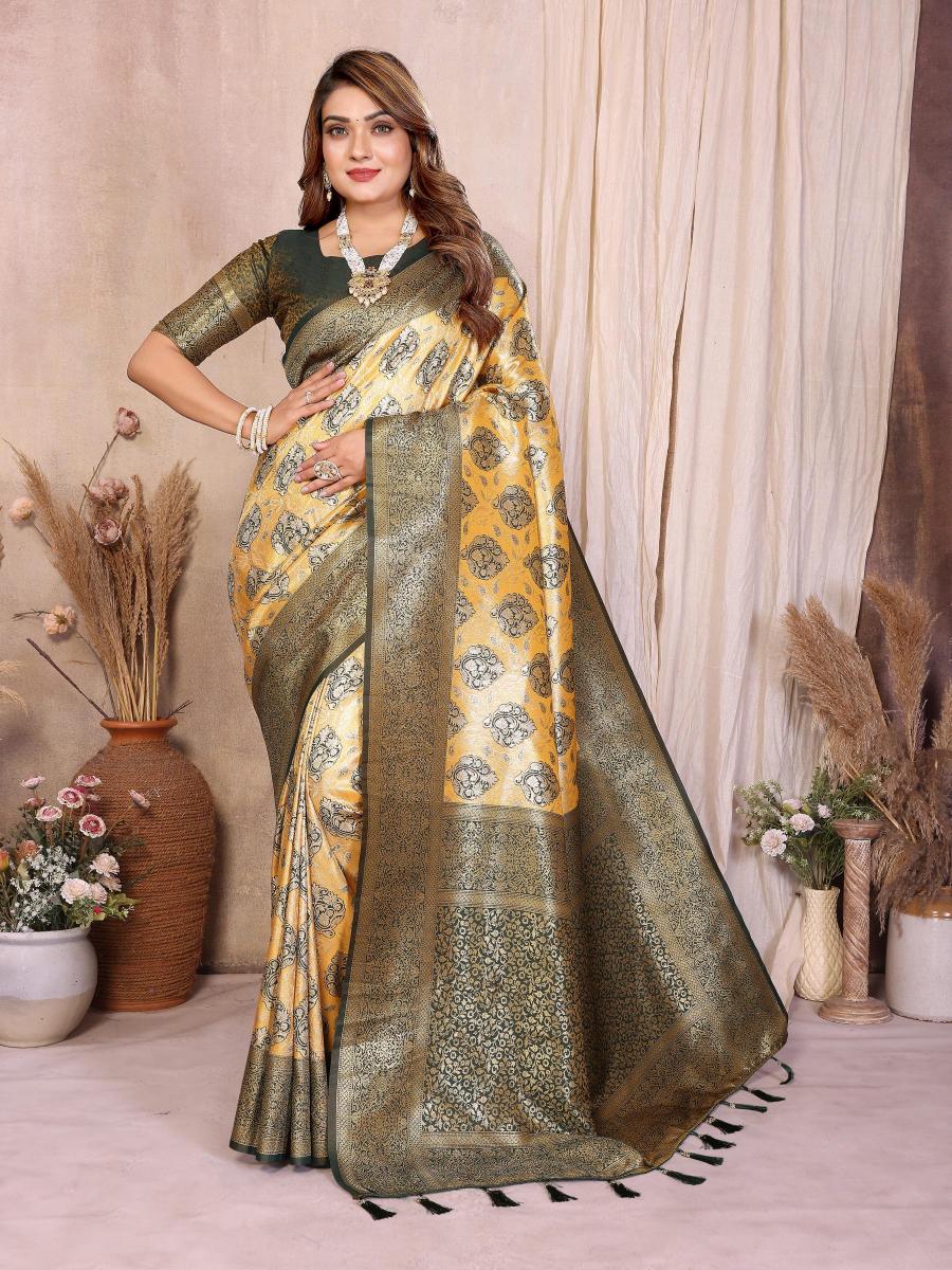 Yellow N Green Banarasi Tissue Silk Saree