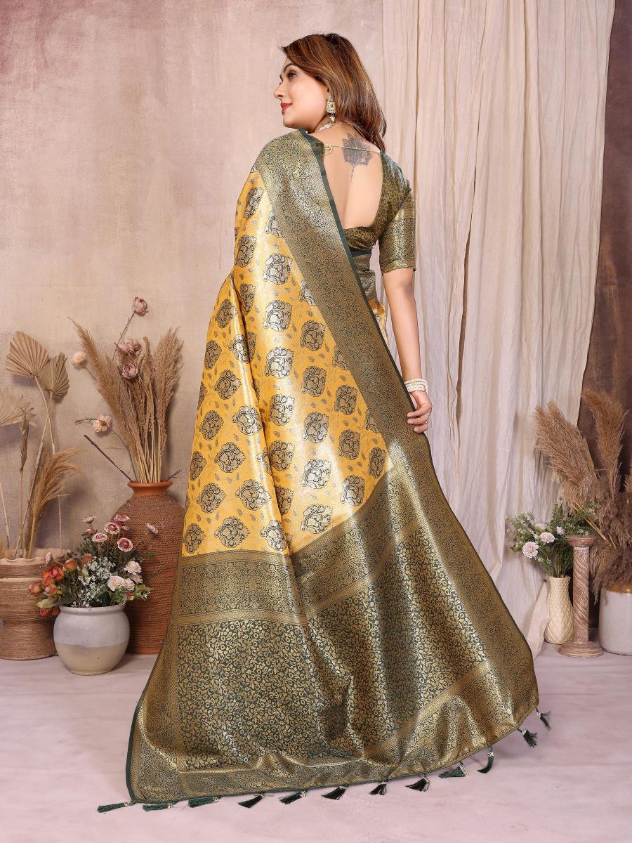 Yellow N Green Banarasi Tissue Silk Saree — alternate view