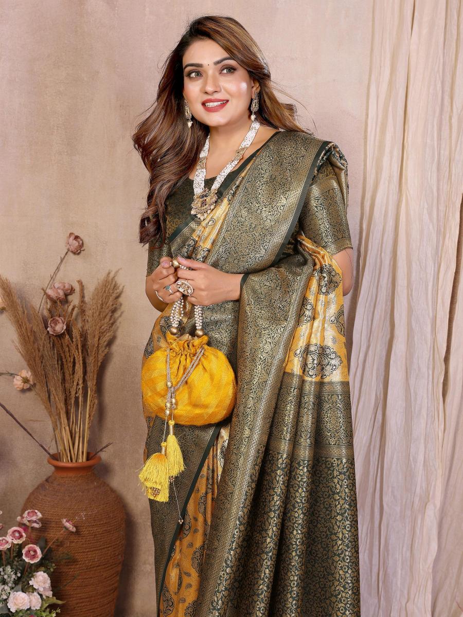 Yellow N Green Banarasi Tissue Silk Saree