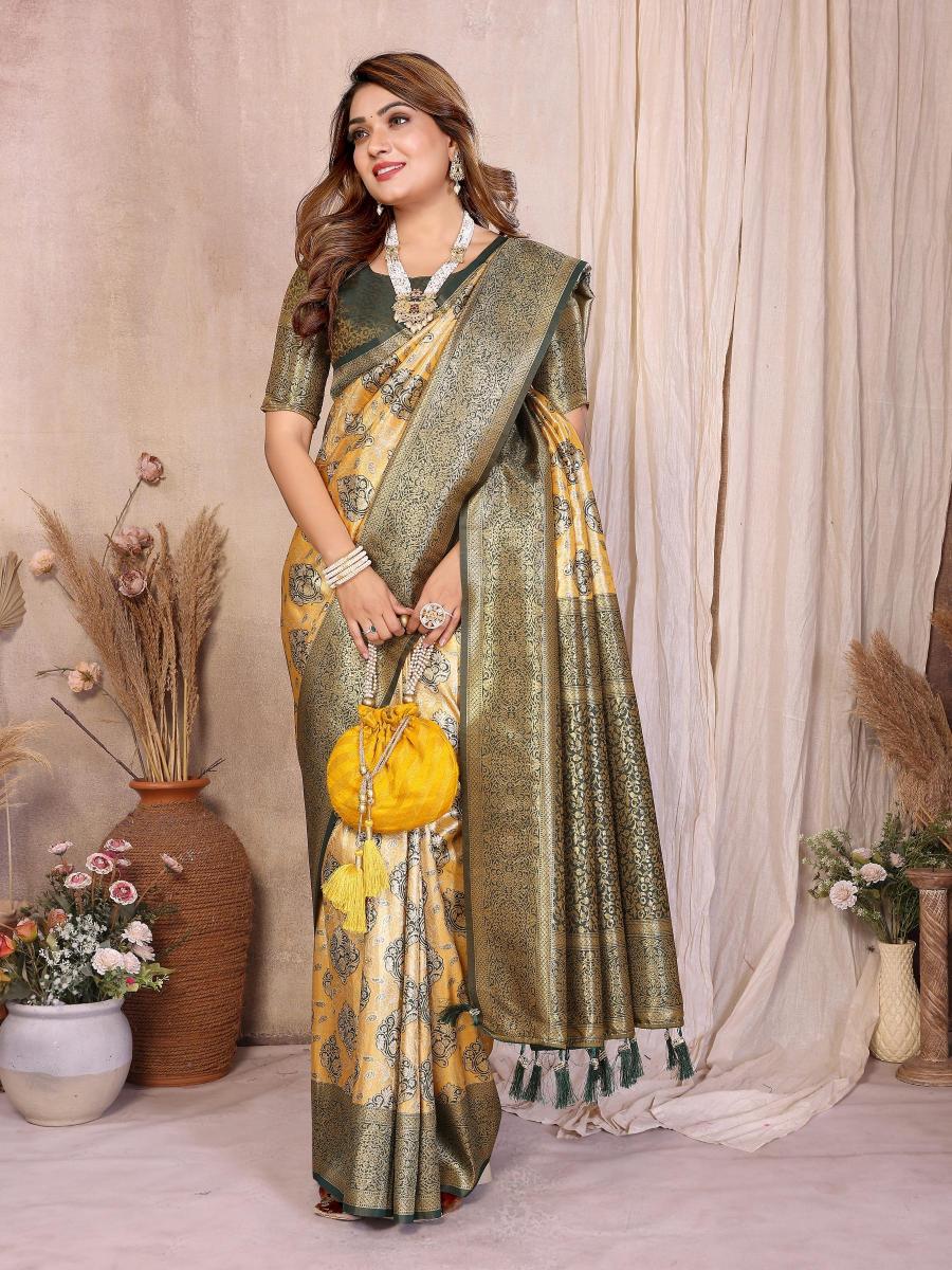 Yellow N Green Banarasi Tissue Silk Saree
