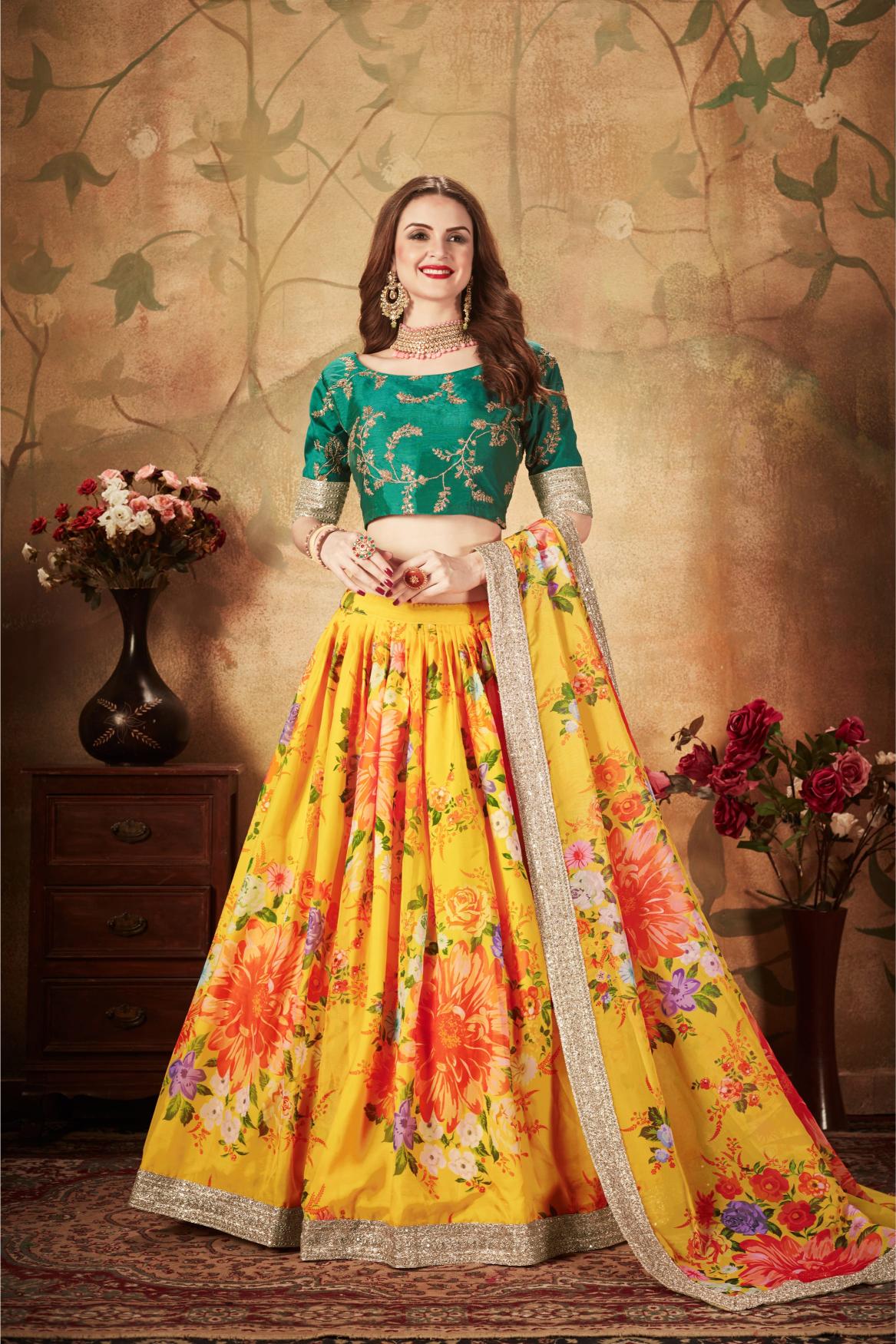 Yellow N Green Organza Lehenga Choli