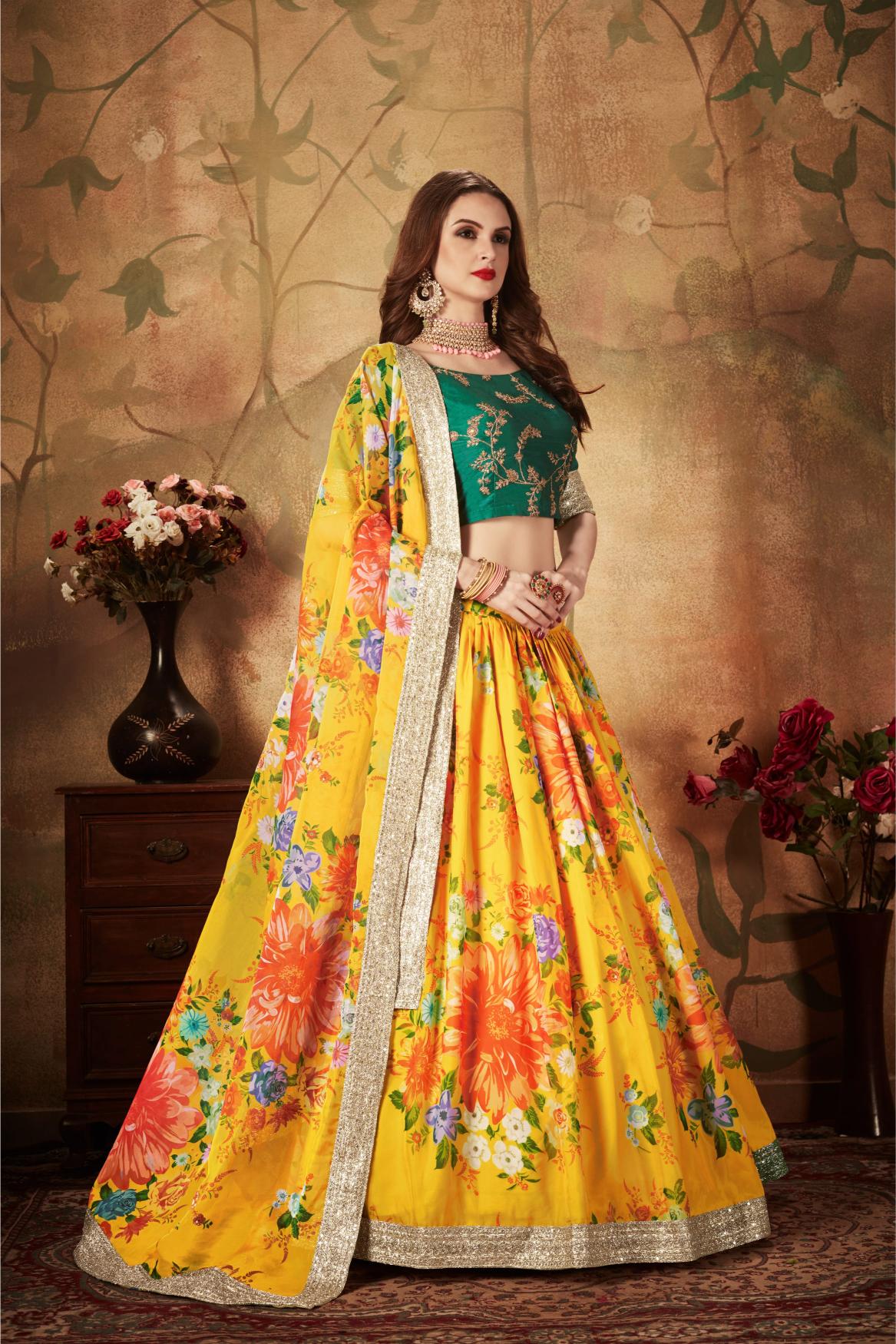 Yellow N Green Organza Lehenga Choli