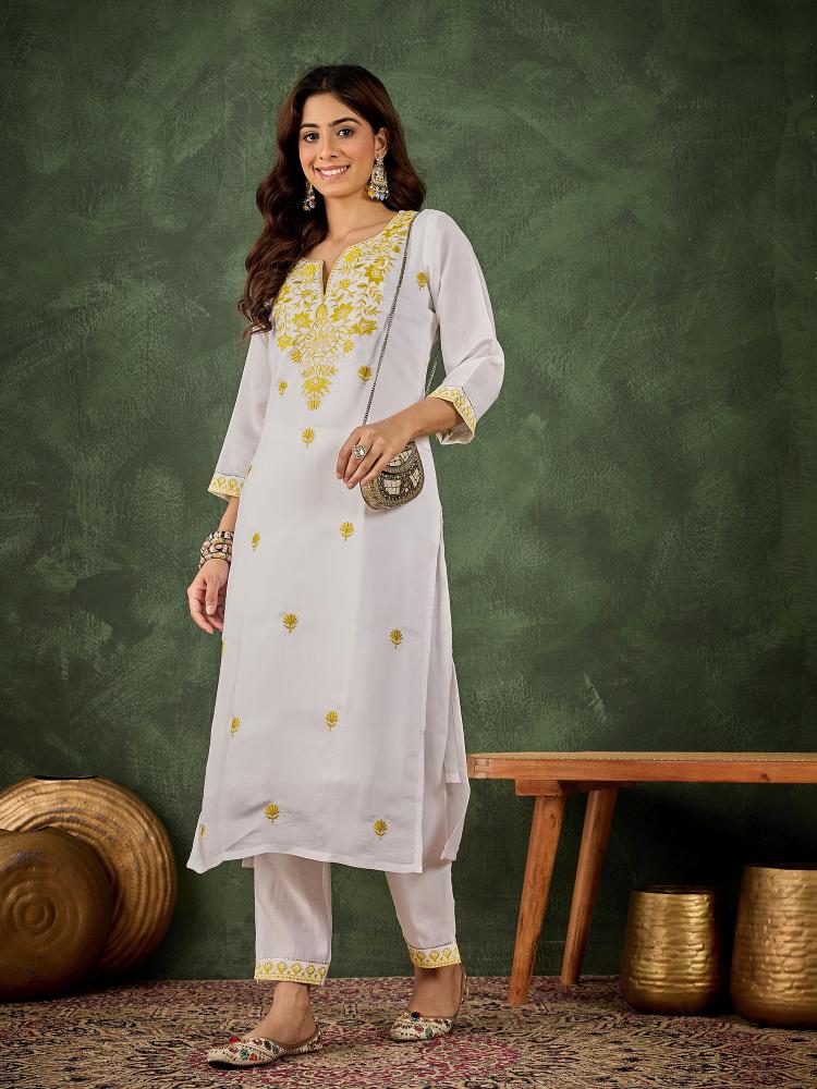 Yellow N Off White Roman Silk Kurti