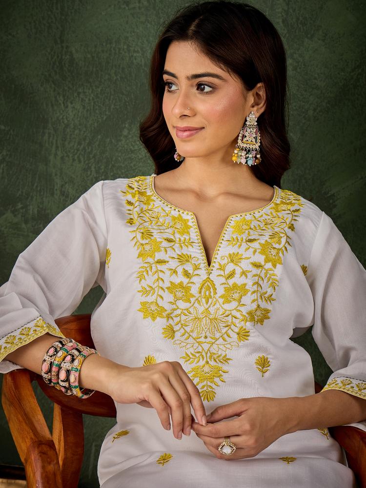 Yellow N Off White Roman Silk Kurti — alternate view