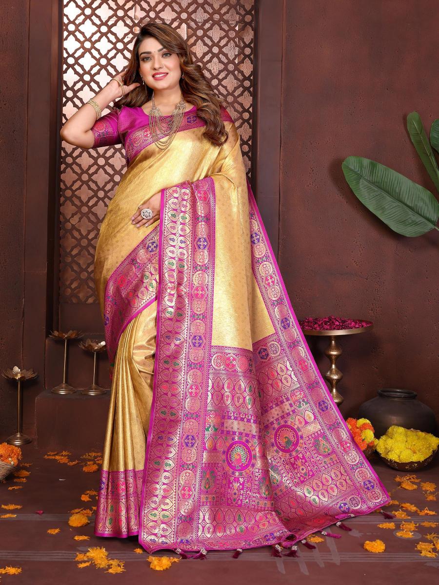 Yellow N Purple Banarasi Tissue Silk Saree