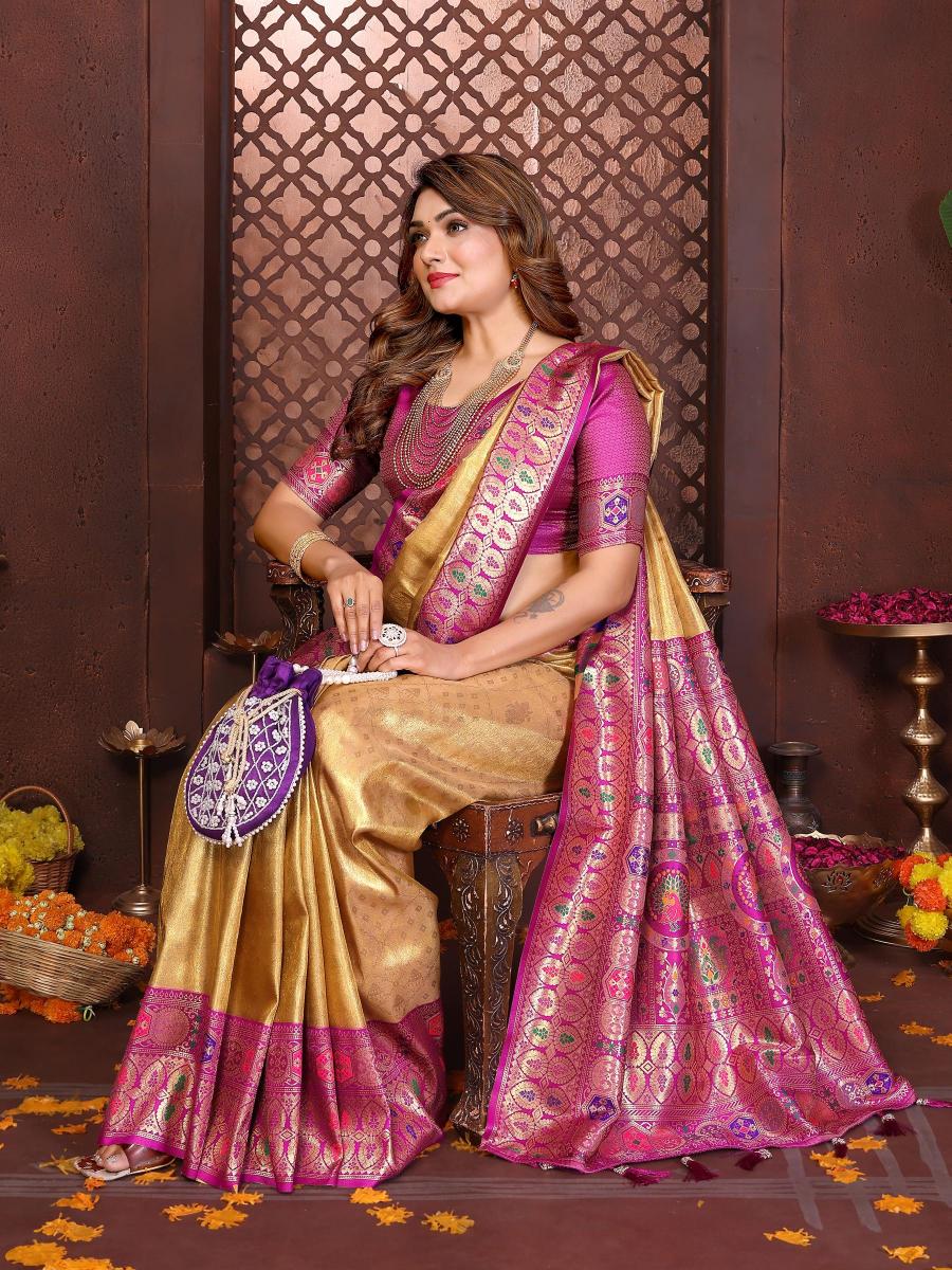 Yellow N Purple Banarasi Tissue Silk Saree