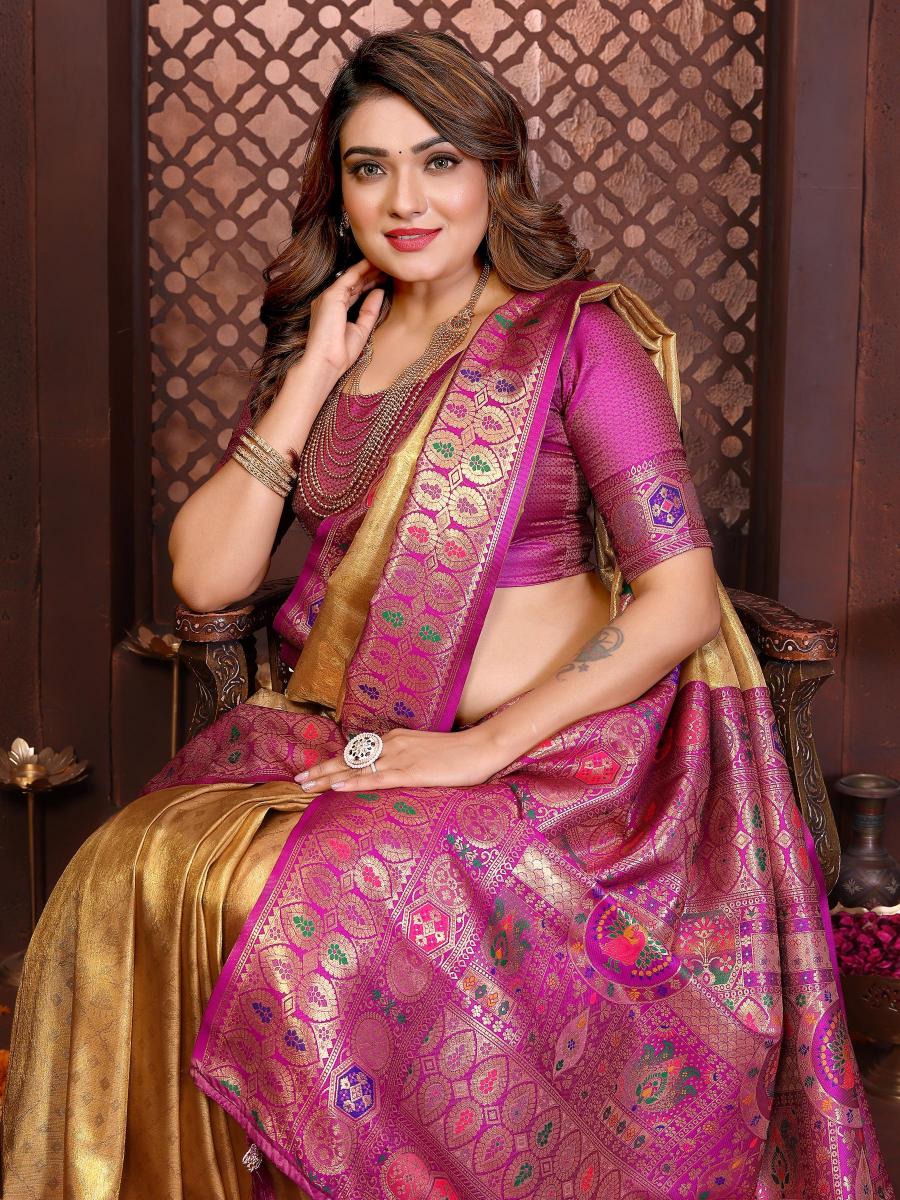 Yellow N Purple Banarasi Tissue Silk Saree